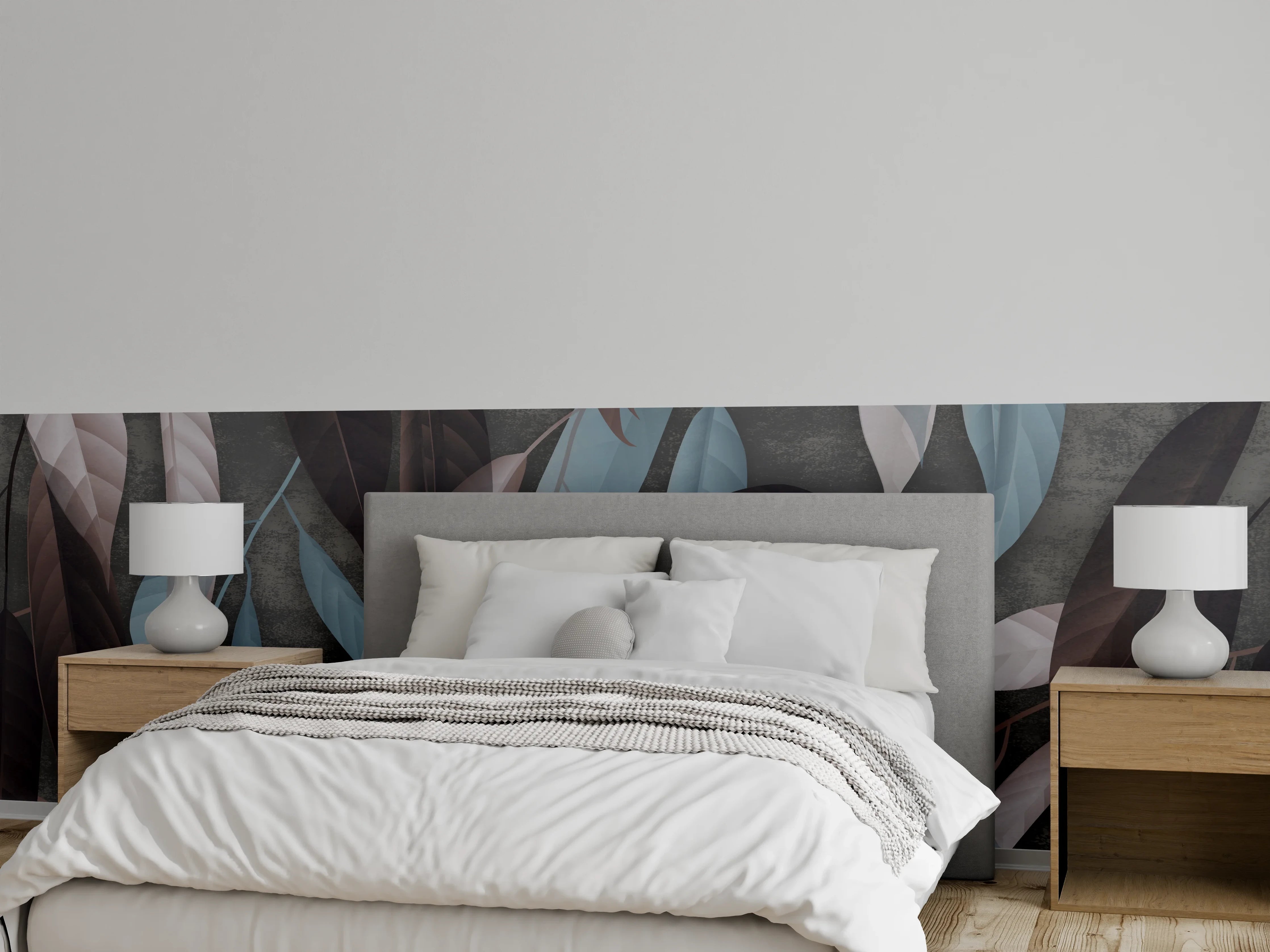 Wandverkleidung Schlafzimmer - Modernes Blätterdesign in Braun und Blau
