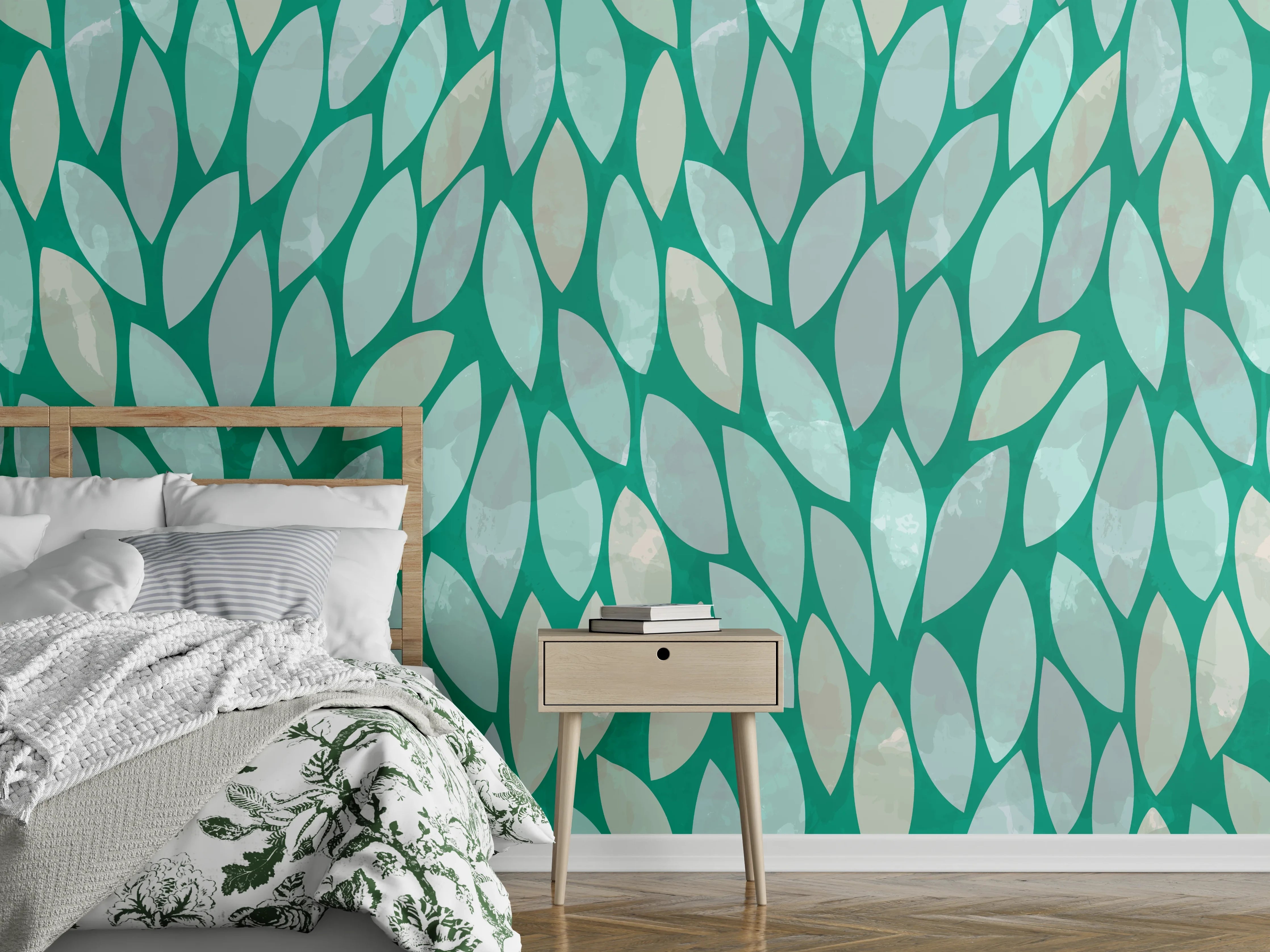 Wandverkleidung Schlafzimmer - Modernes Blättermuster in Türkisgrün
