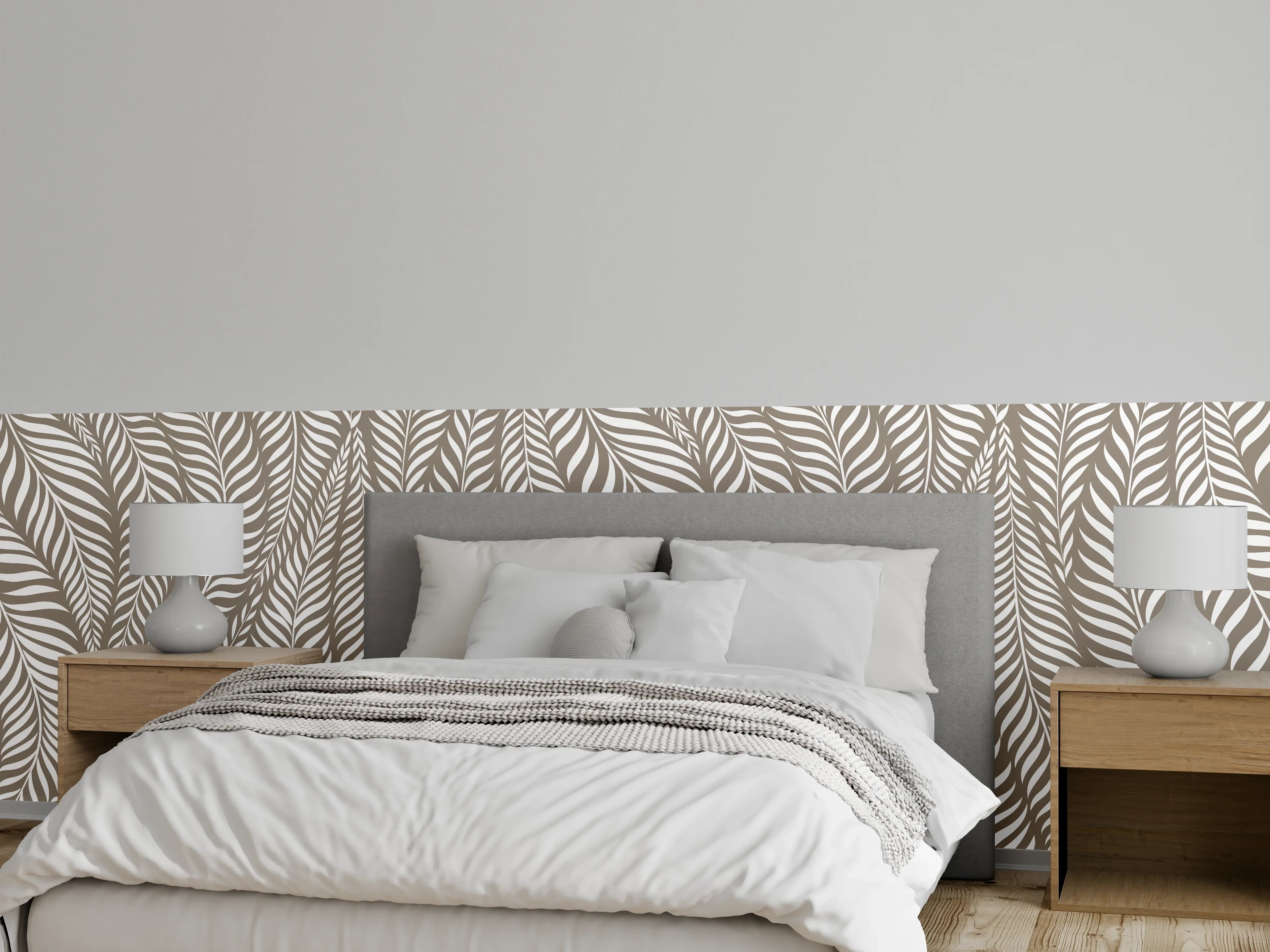 Wandverkleidung Schlafzimmer - Modernes Blättermuster in Weiß-Beige