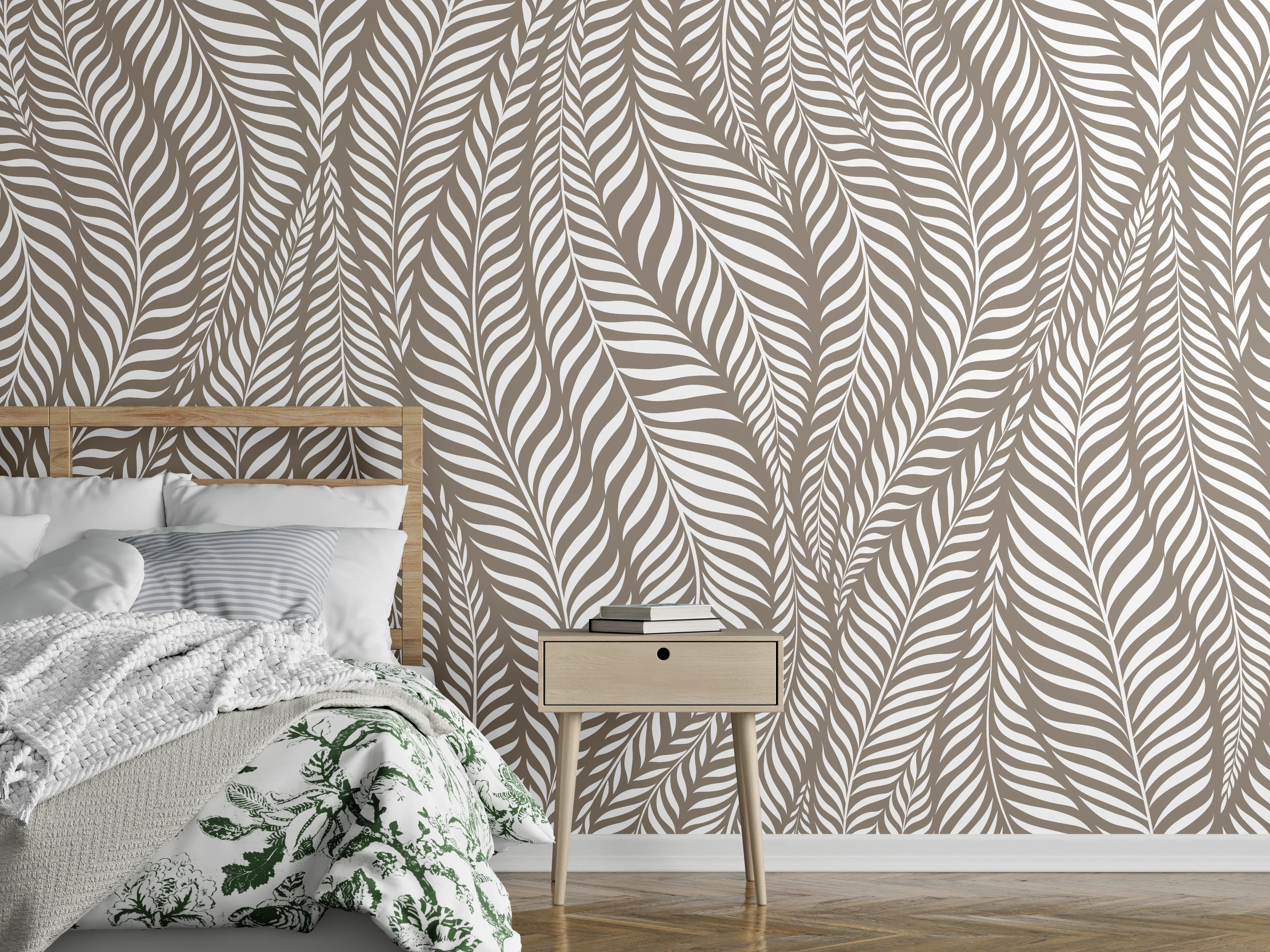 Wandverkleidung Schlafzimmer - Modernes Blättermuster in Weiß-Beige