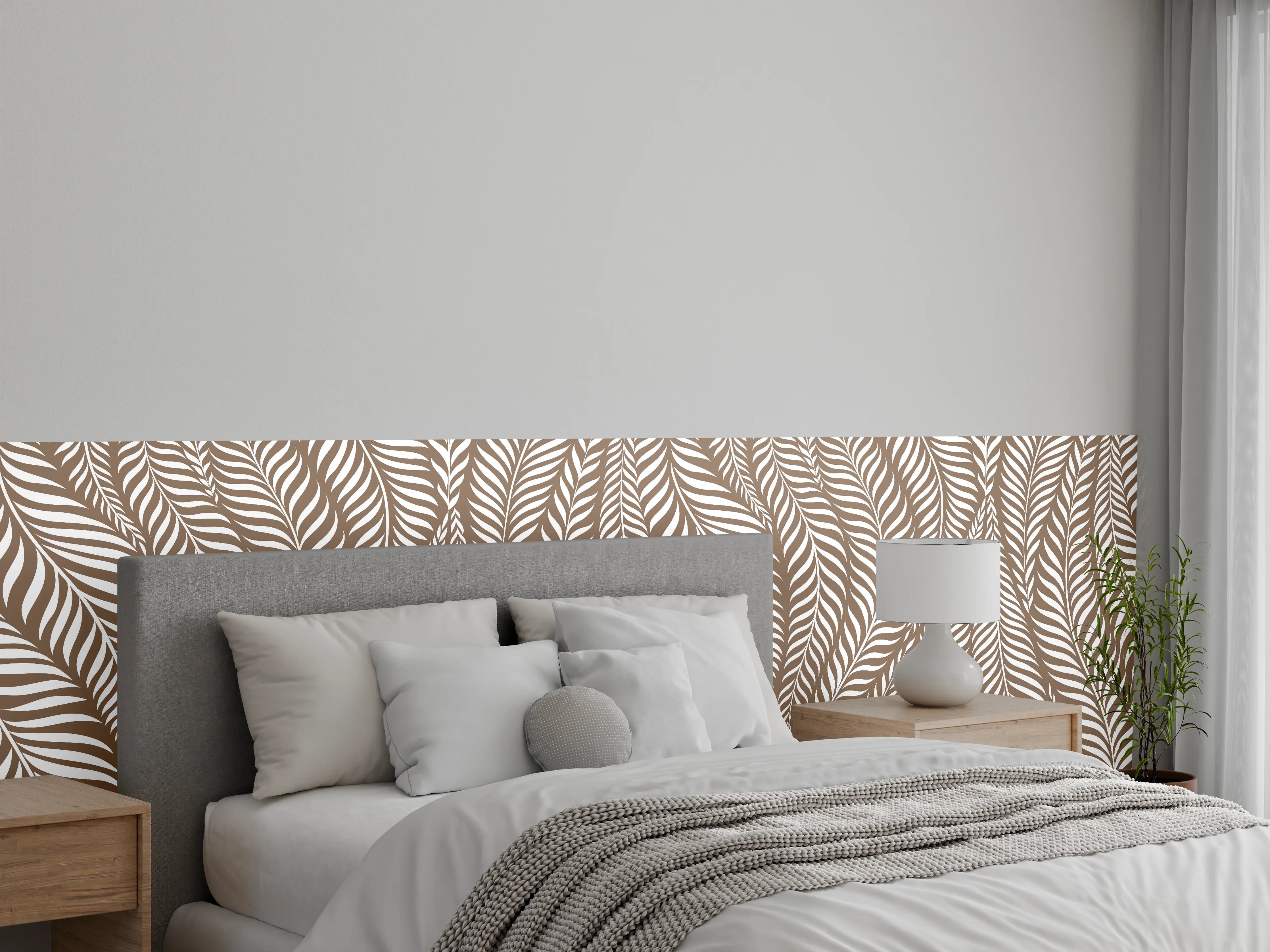Wandverkleidung Schlafzimmer - Modernes Blattmuster in Braun und Weiß
