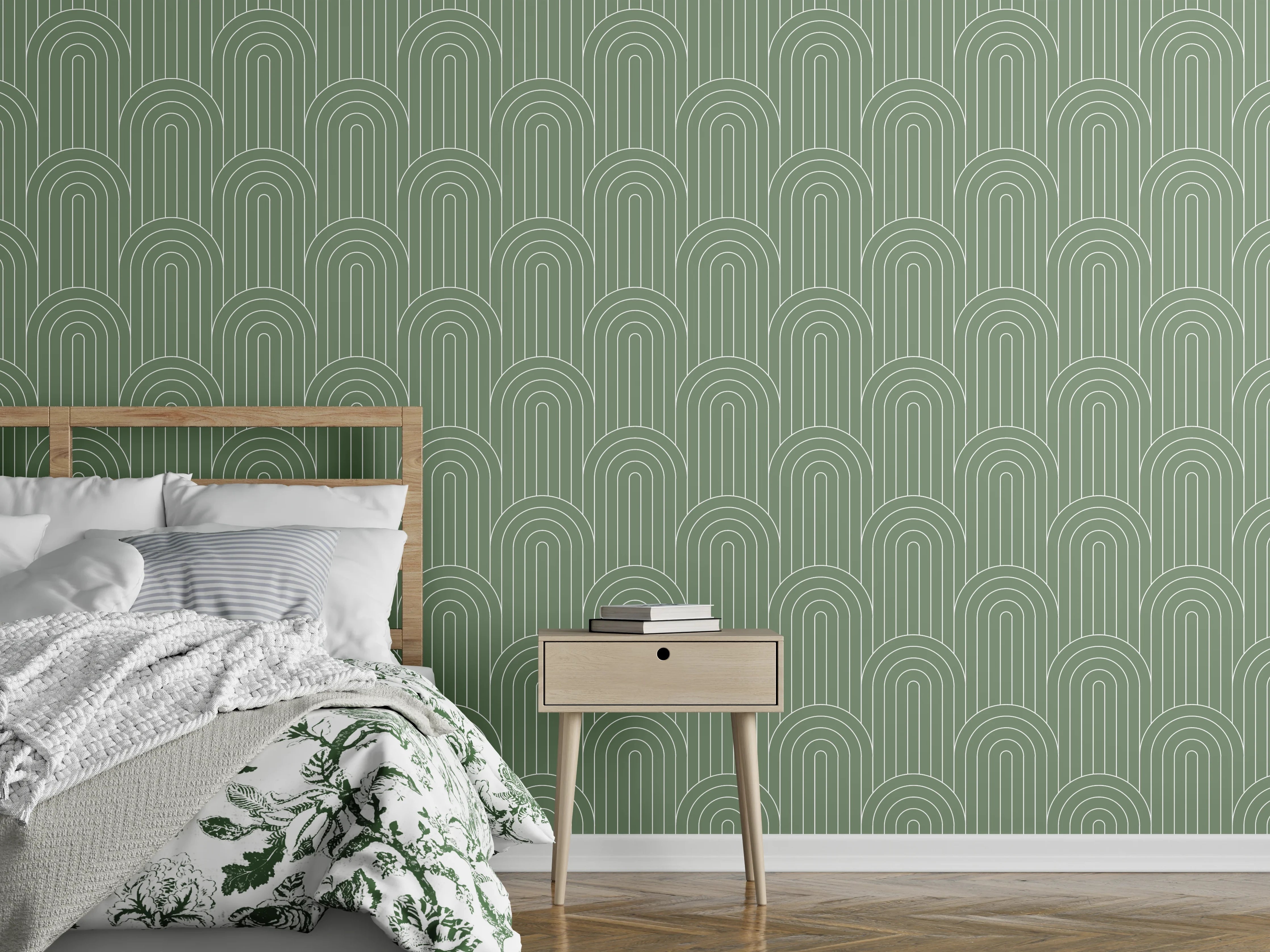 Wandverkleidung Schlafzimmer - Modernes Bogenmuster in Mintgrün