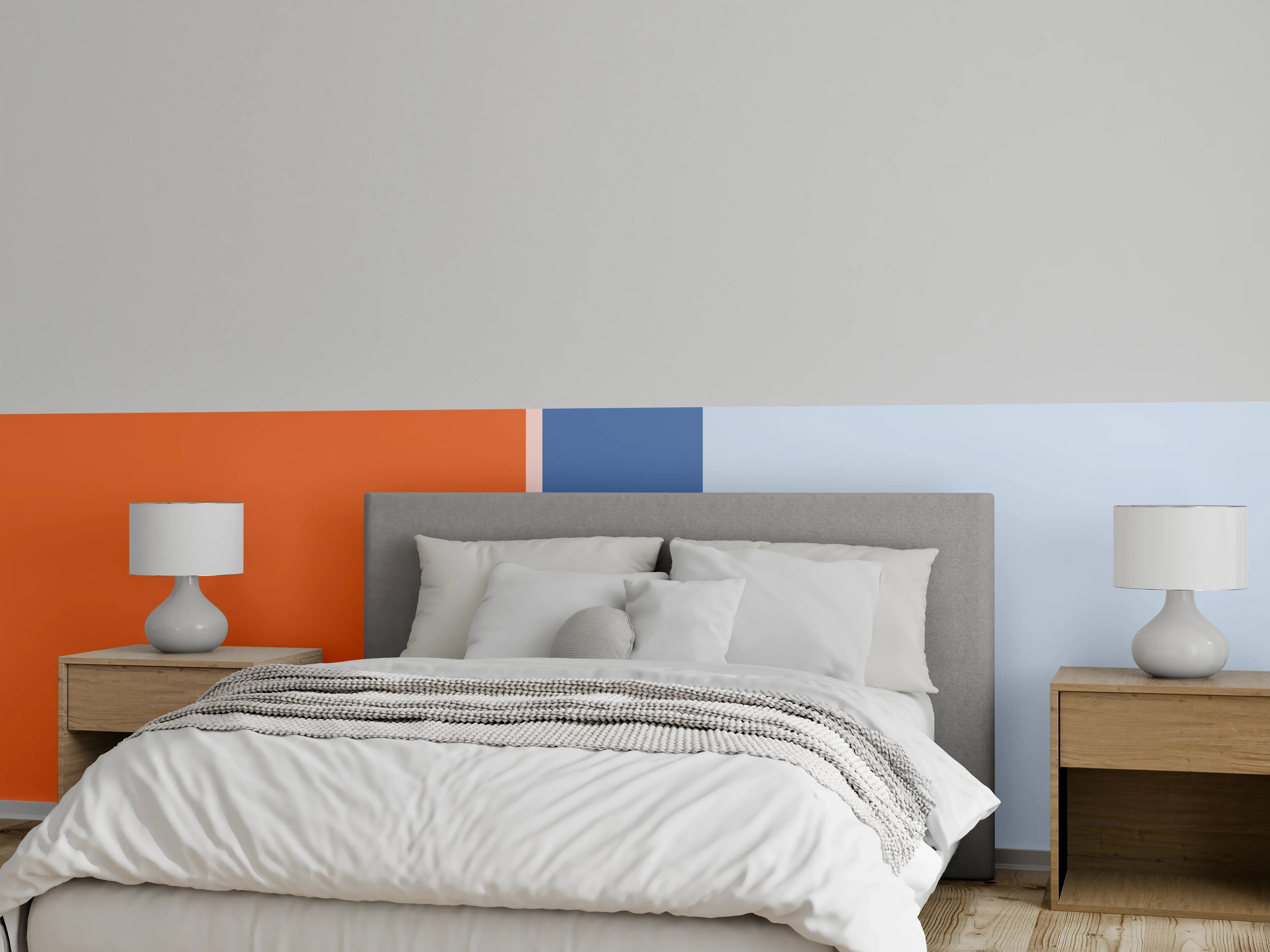 Wandverkleidung Schlafzimmer - Modernes Farbblock-Design in Blau und Orange