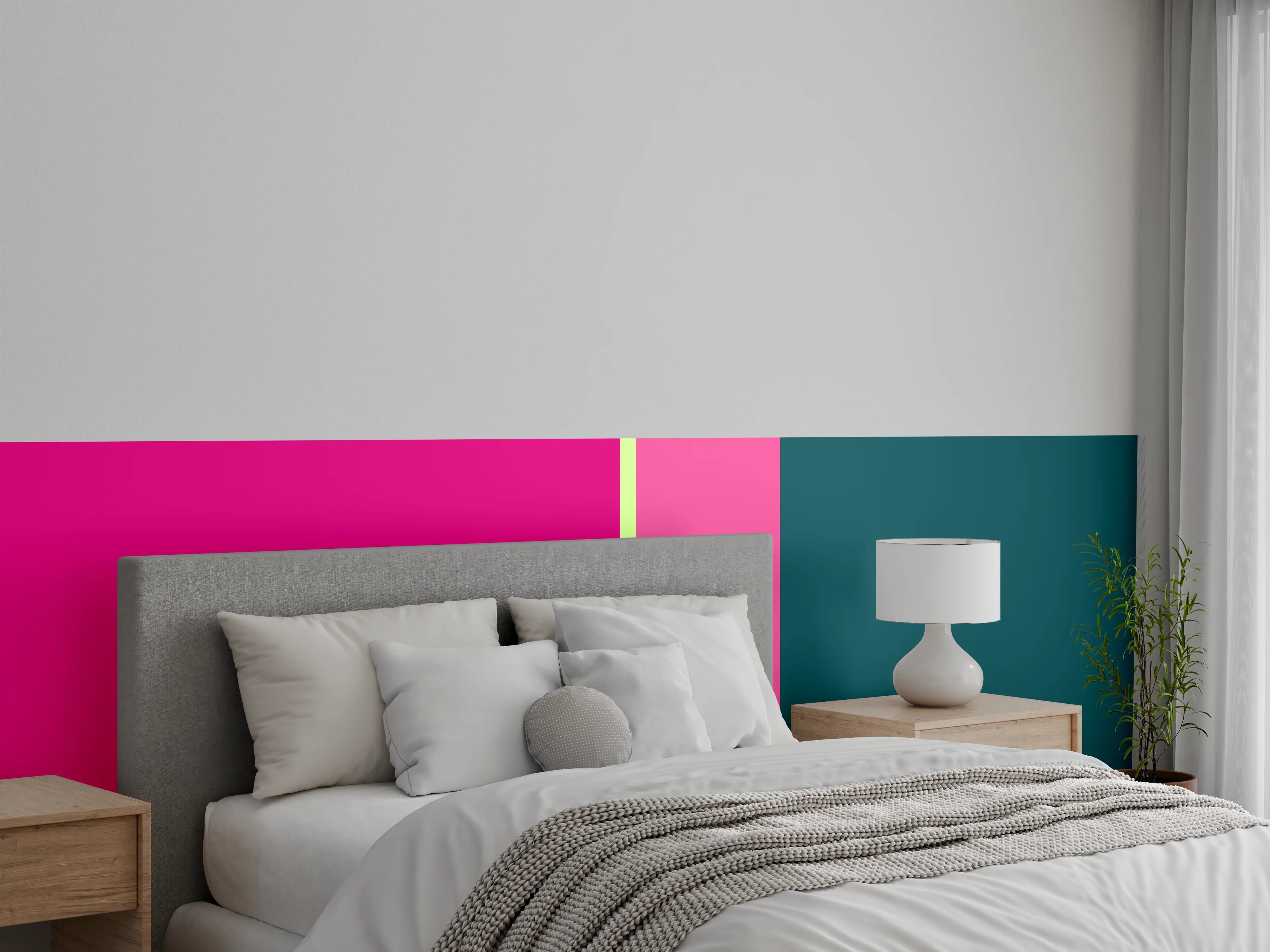 Wandverkleidung Schlafzimmer - Modernes Farbenspiel: Pink, Türkis und Gelb