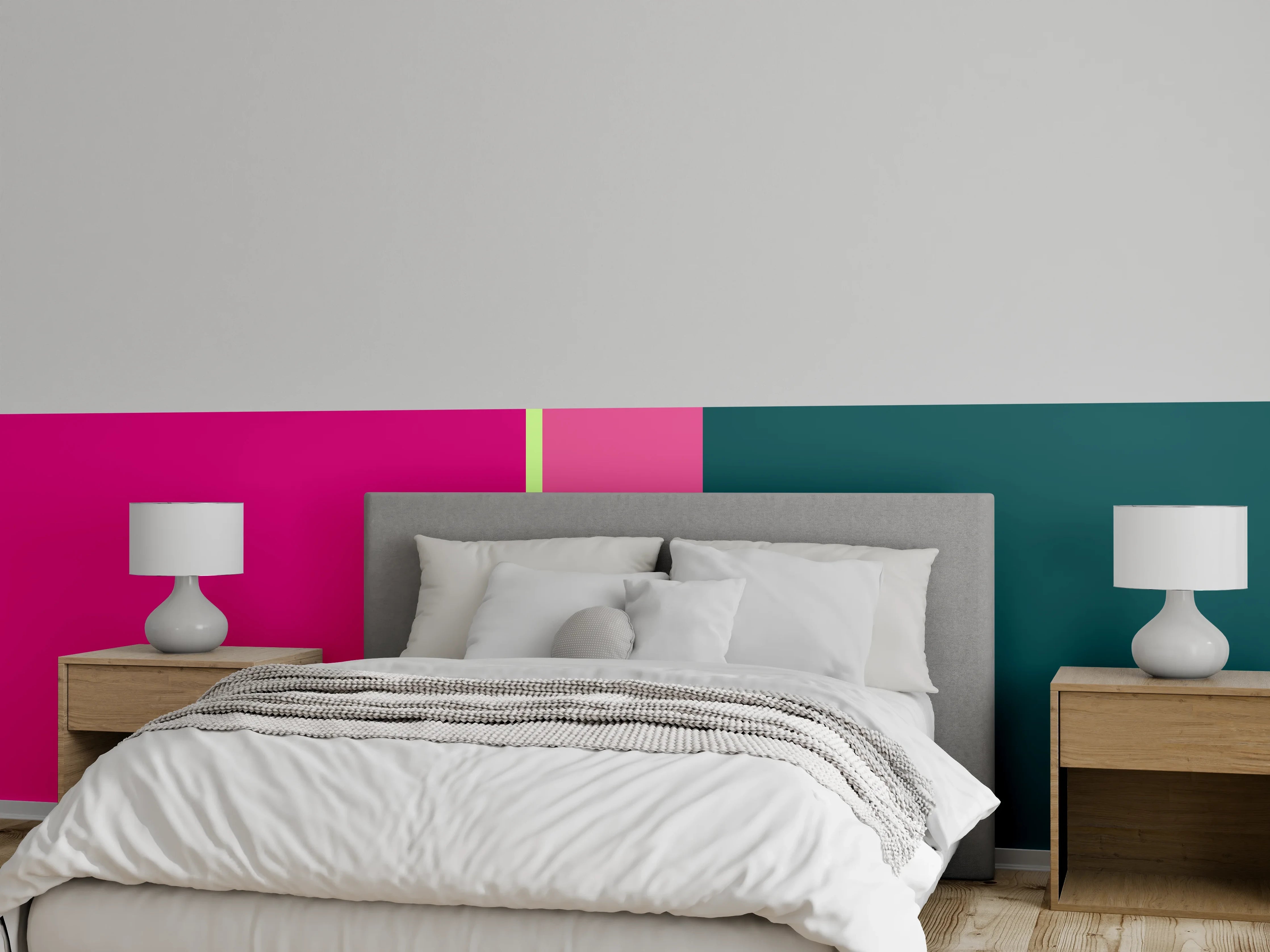 Wandverkleidung Schlafzimmer - Modernes Farbenspiel: Pink, Türkis und Gelb