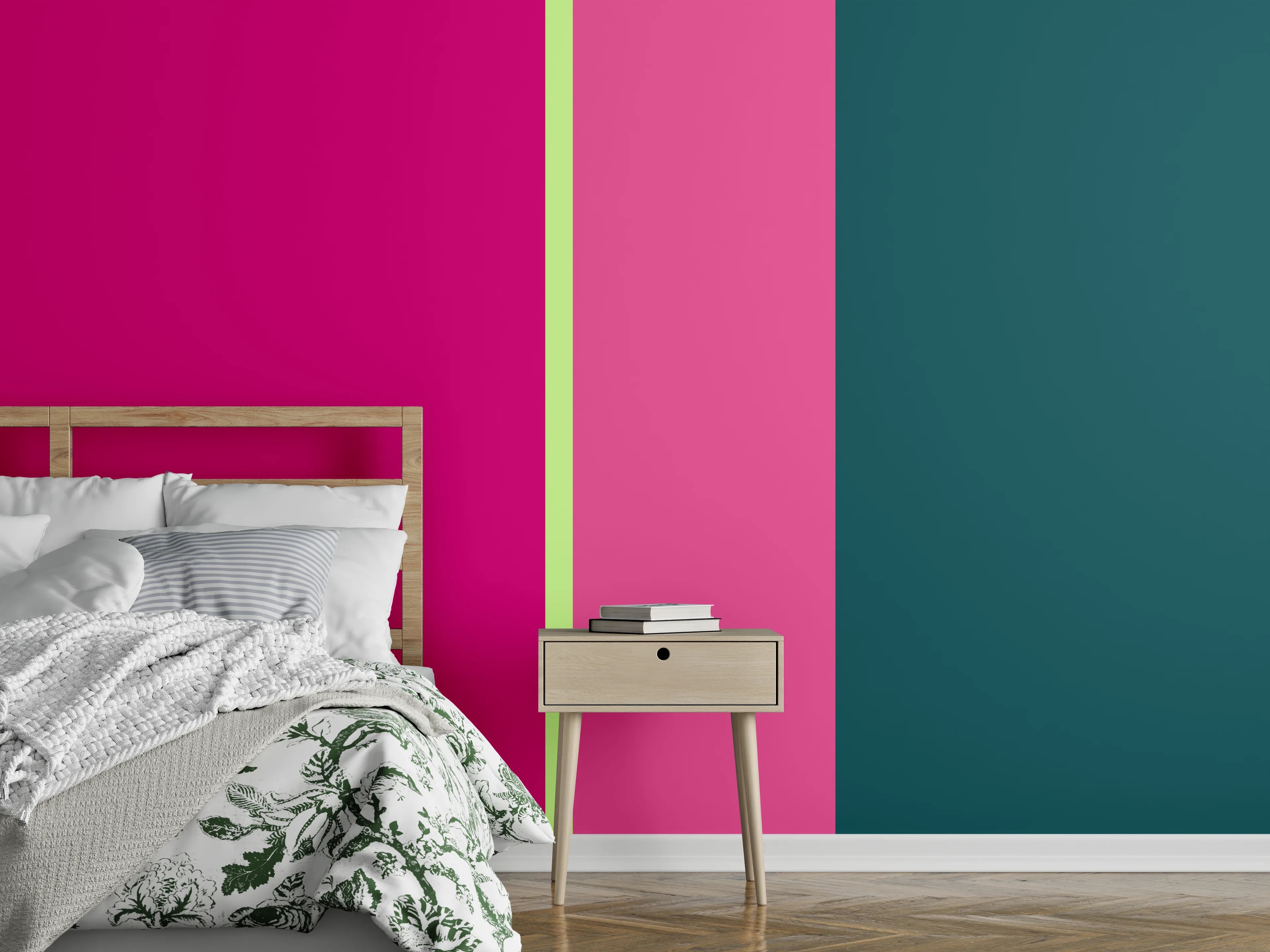 Wandverkleidung Schlafzimmer - Modernes Farbenspiel: Pink, Türkis und Gelb