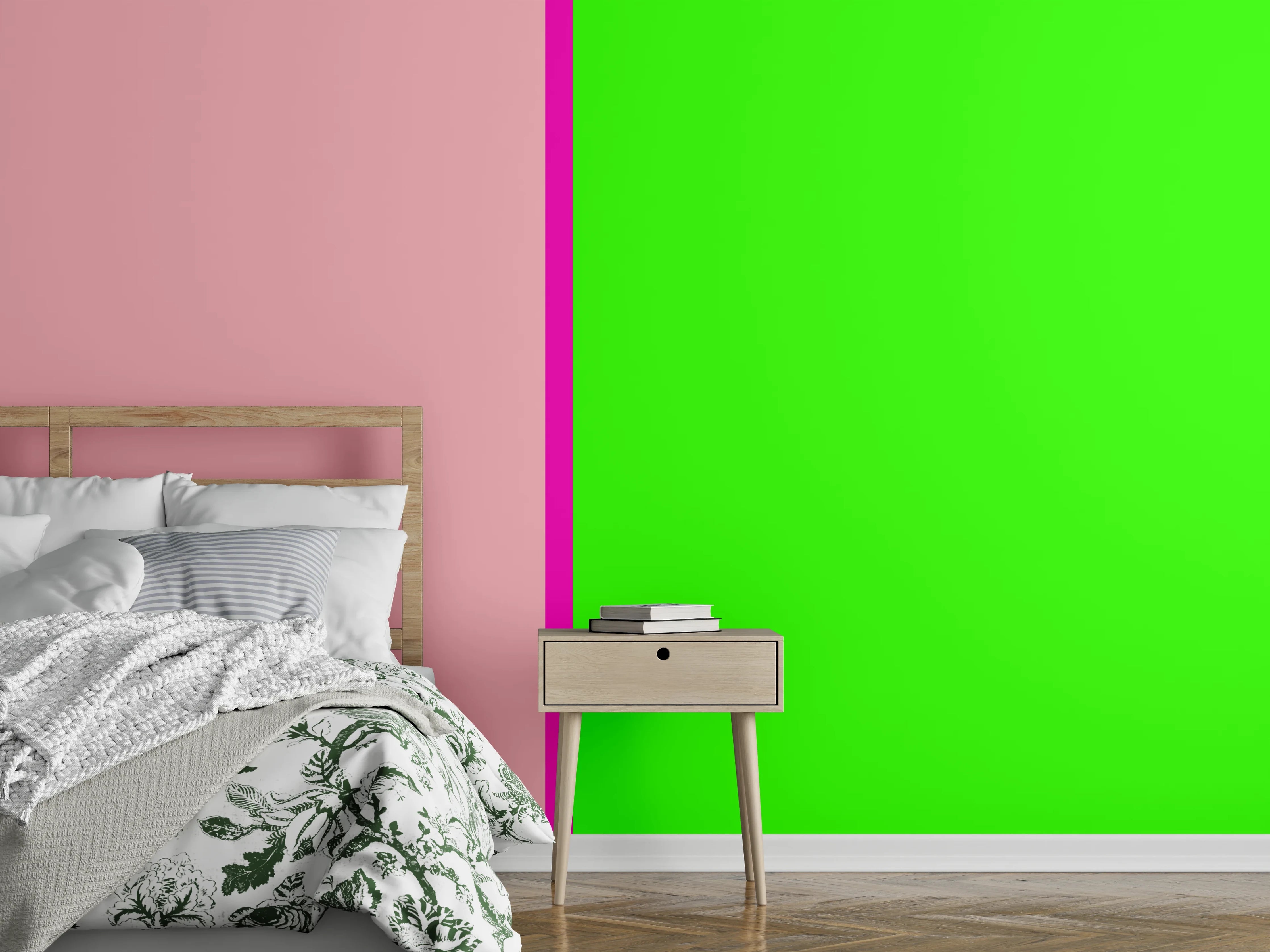 Wandverkleidung Schlafzimmer - Modernes Farbfeld Rosa Grün Wandbild