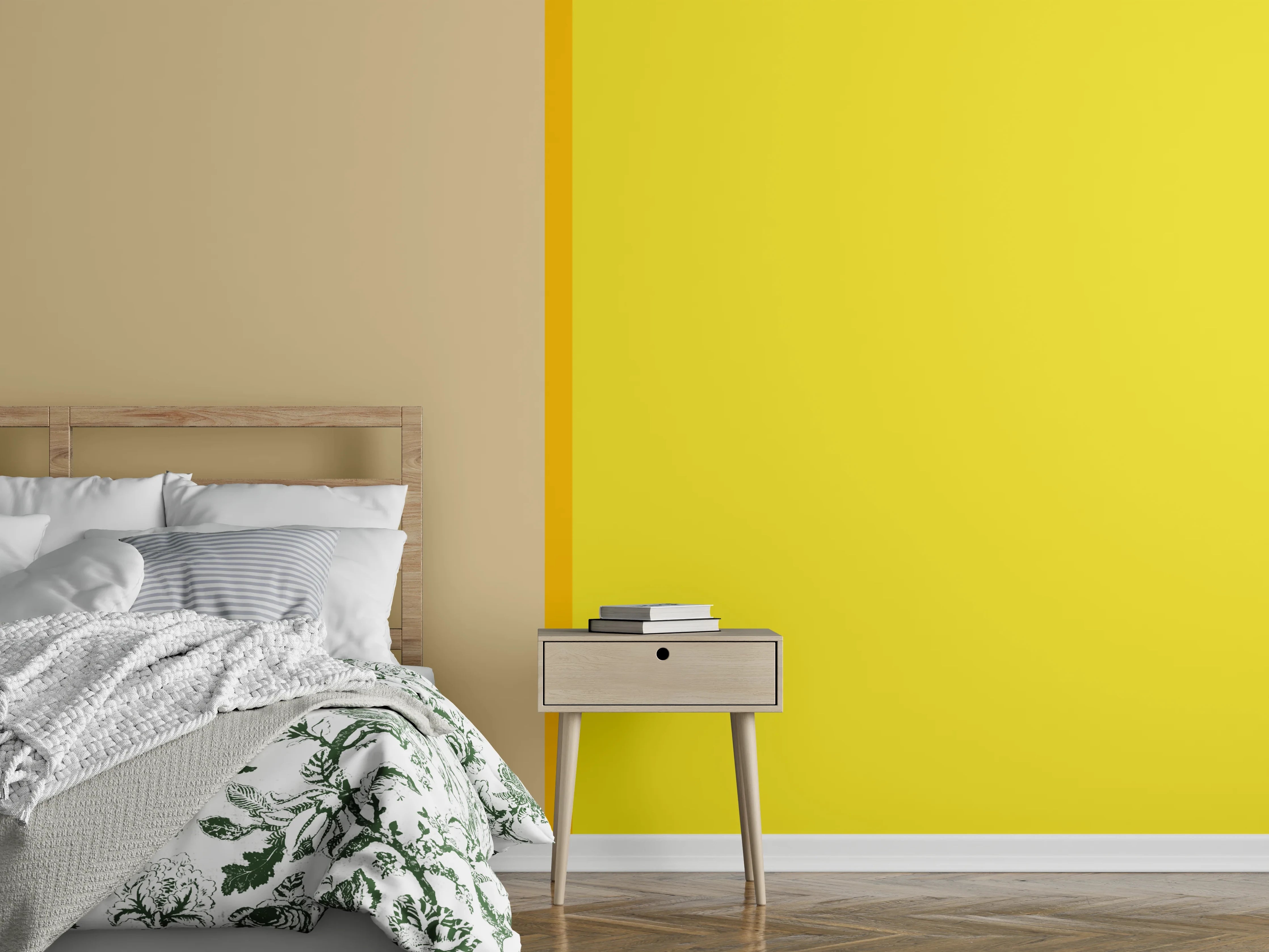 Wandverkleidung Schlafzimmer - Modernes Farbspiel Beige und Gelb