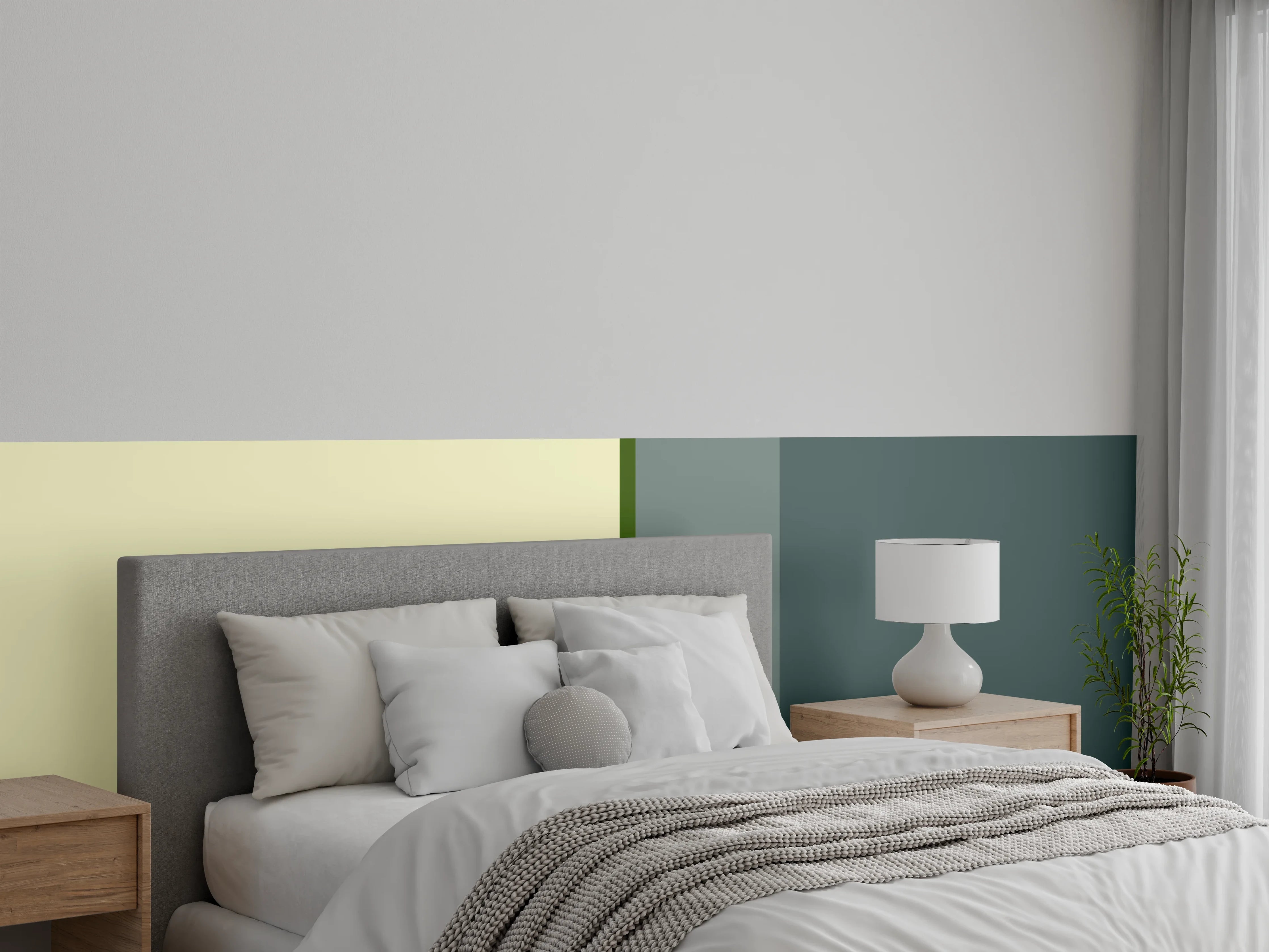 Wandverkleidung Schlafzimmer - Modernes Farbspiel Grau Grün Beige