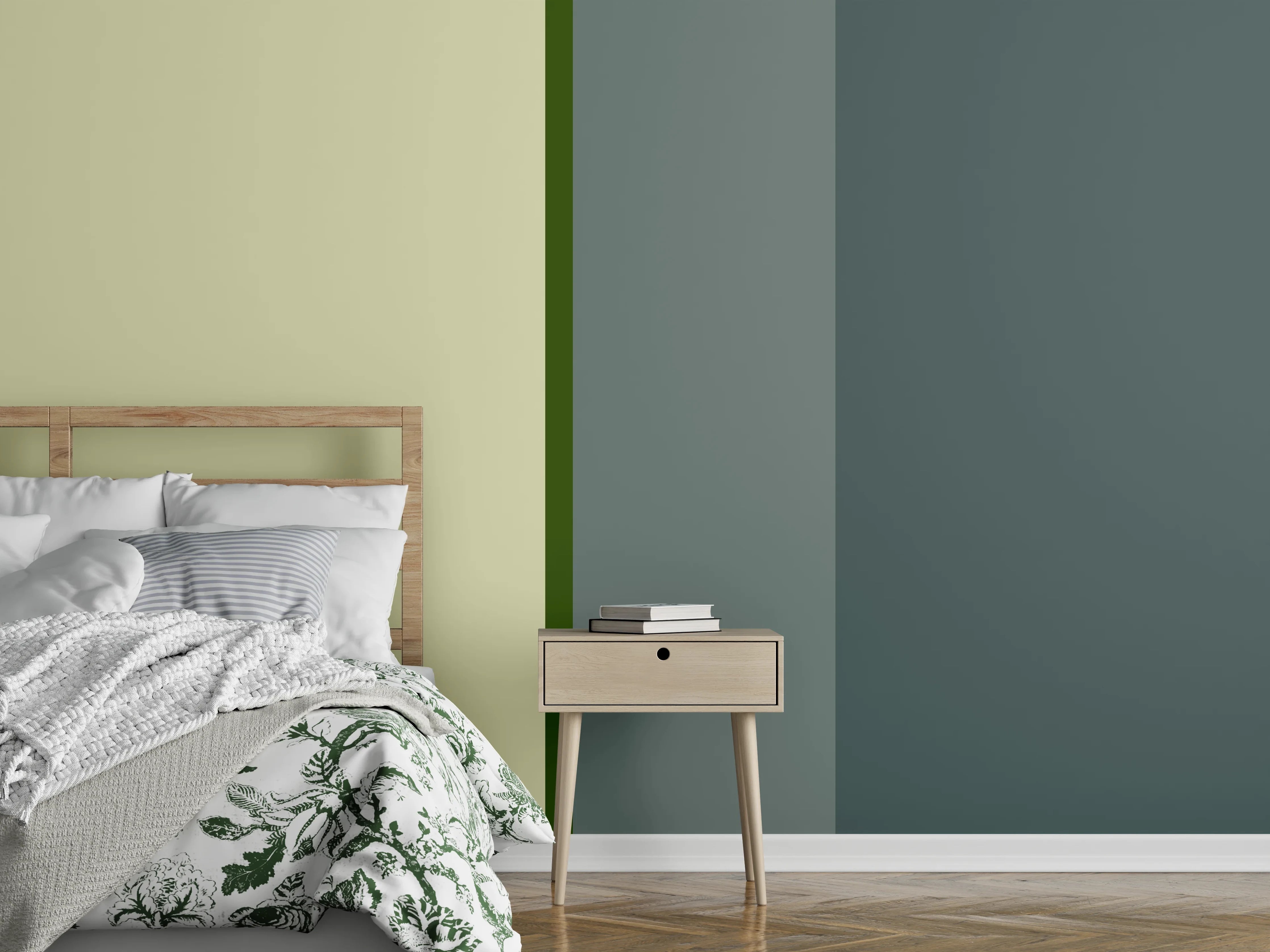 Wandverkleidung Schlafzimmer - Modernes Farbspiel Grau Grün Beige