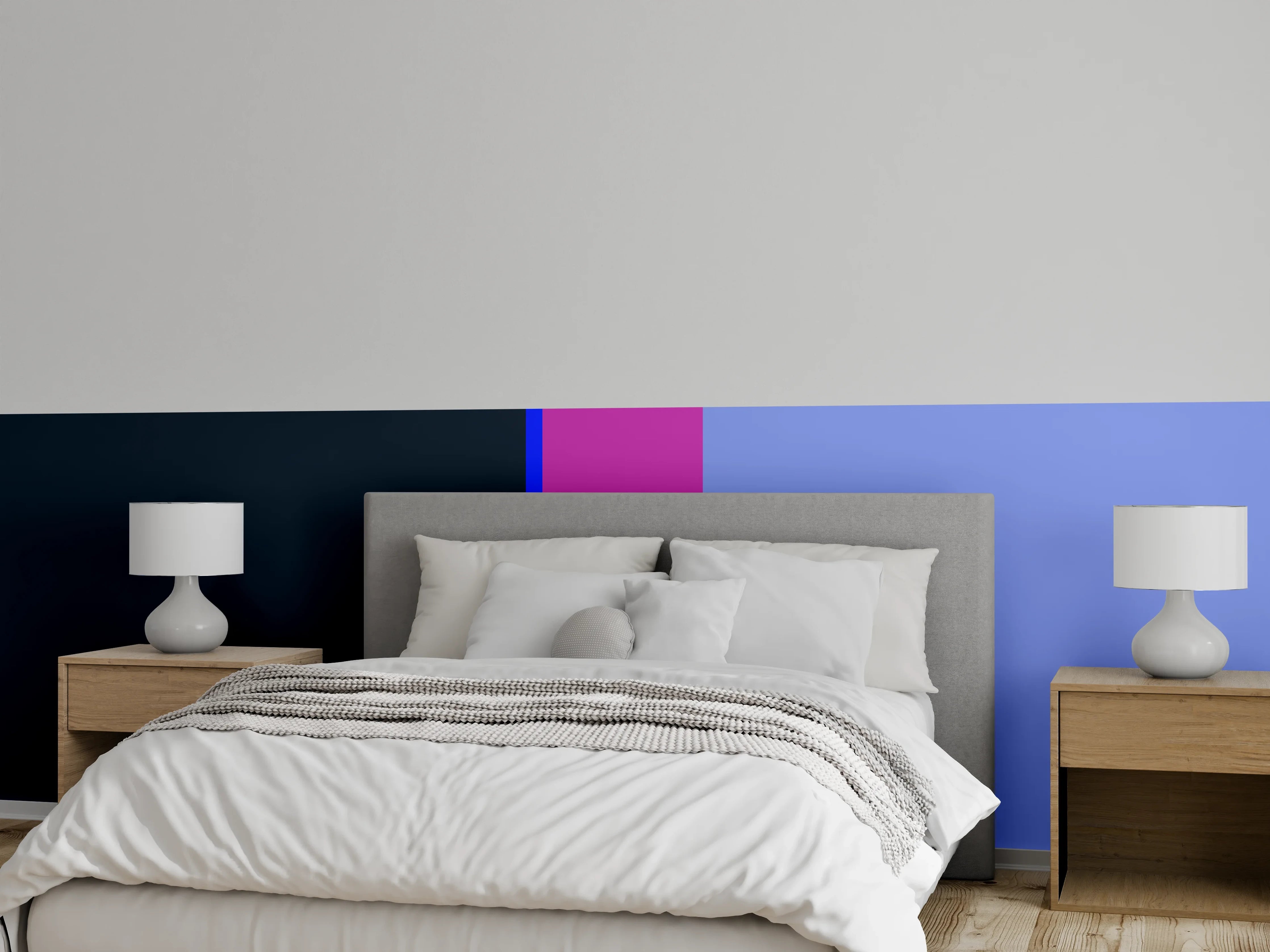 Wandverkleidung Schlafzimmer - Modernes Farbspiel: Blautöne und Lila