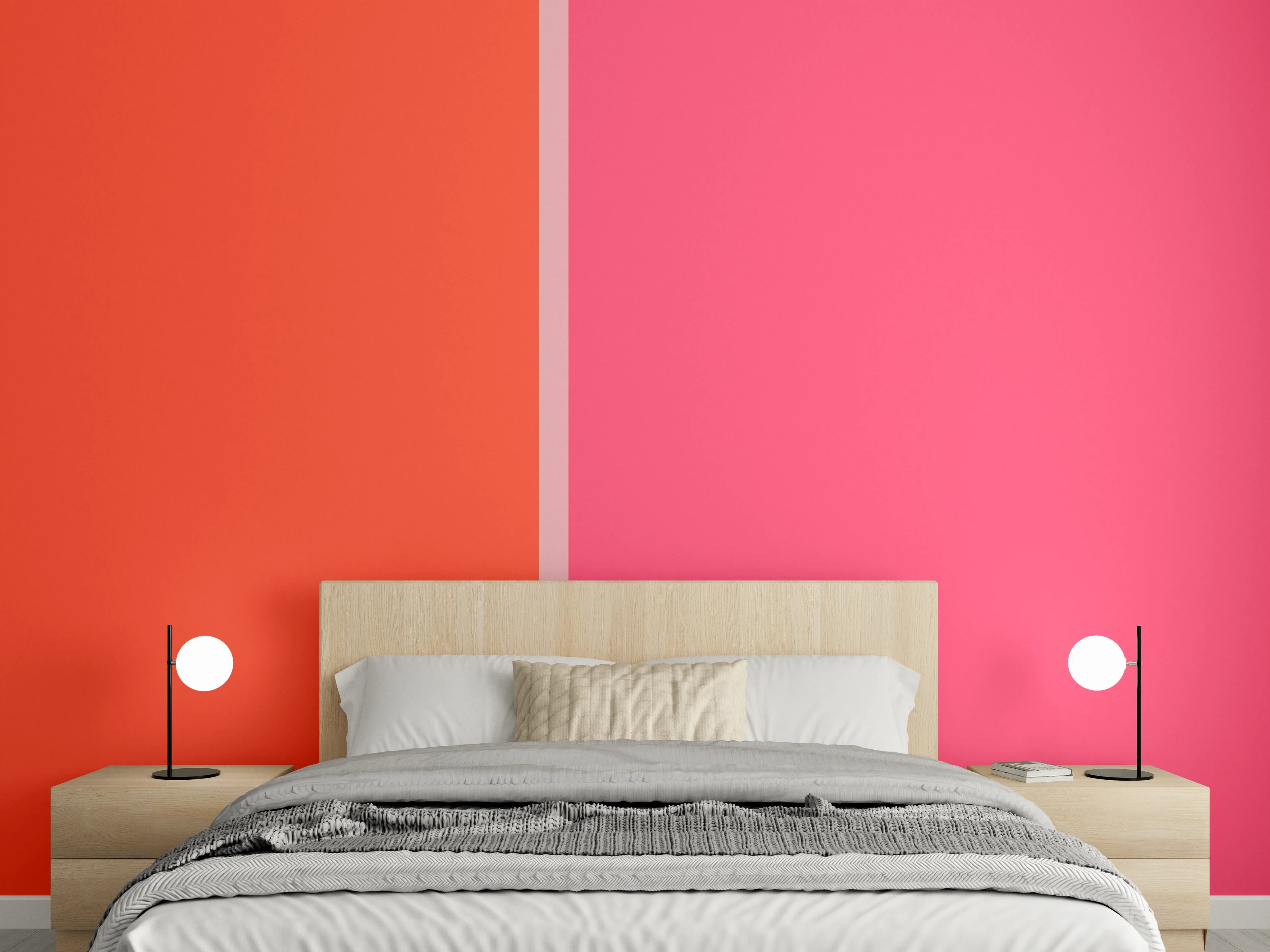 Wandverkleidung Schlafzimmer - Modernes Farbsplit-Design in Pink und Rot