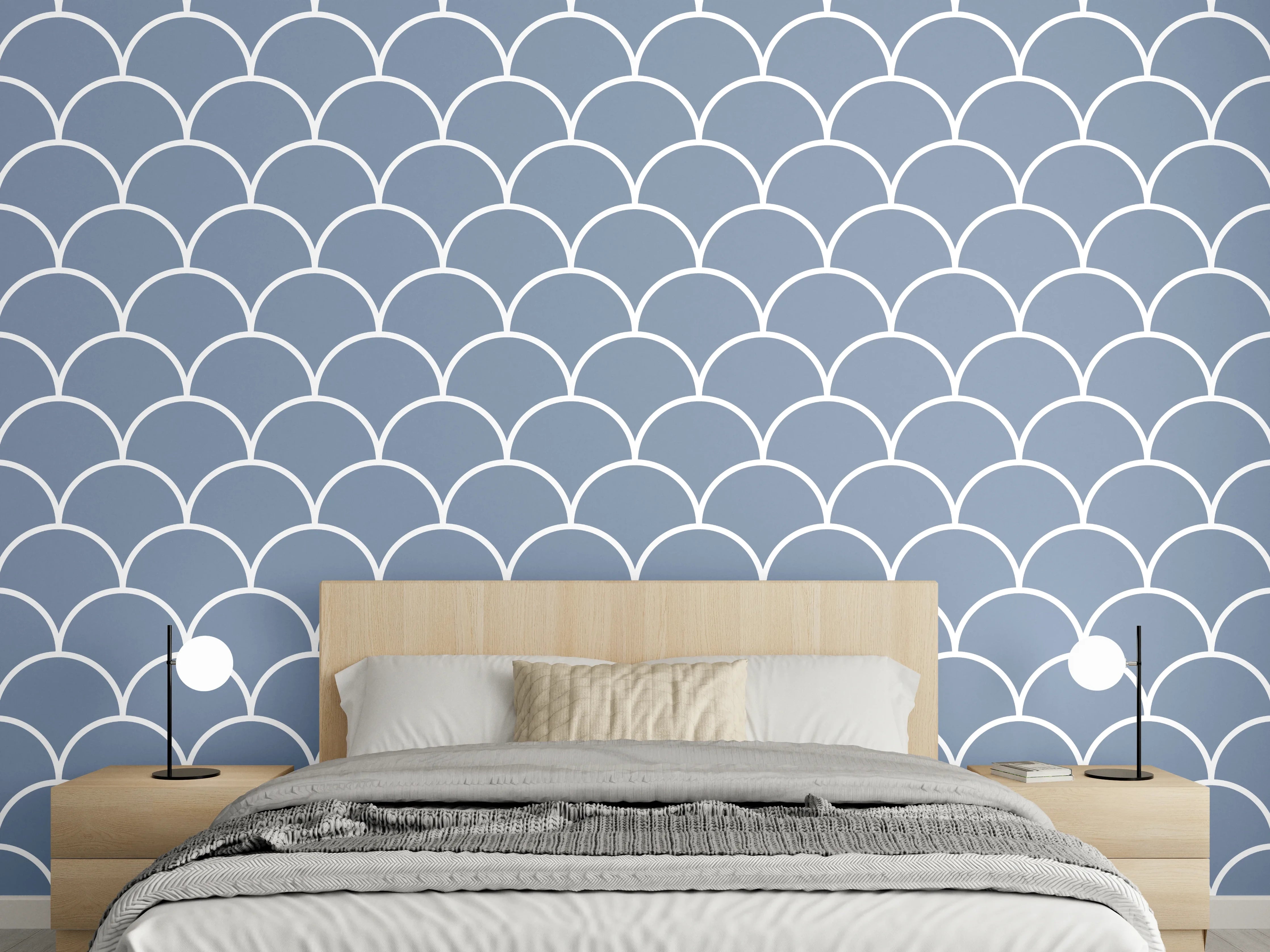 Wandverkleidung Schlafzimmer - Modernes Fischschuppenmuster in Blauweiß