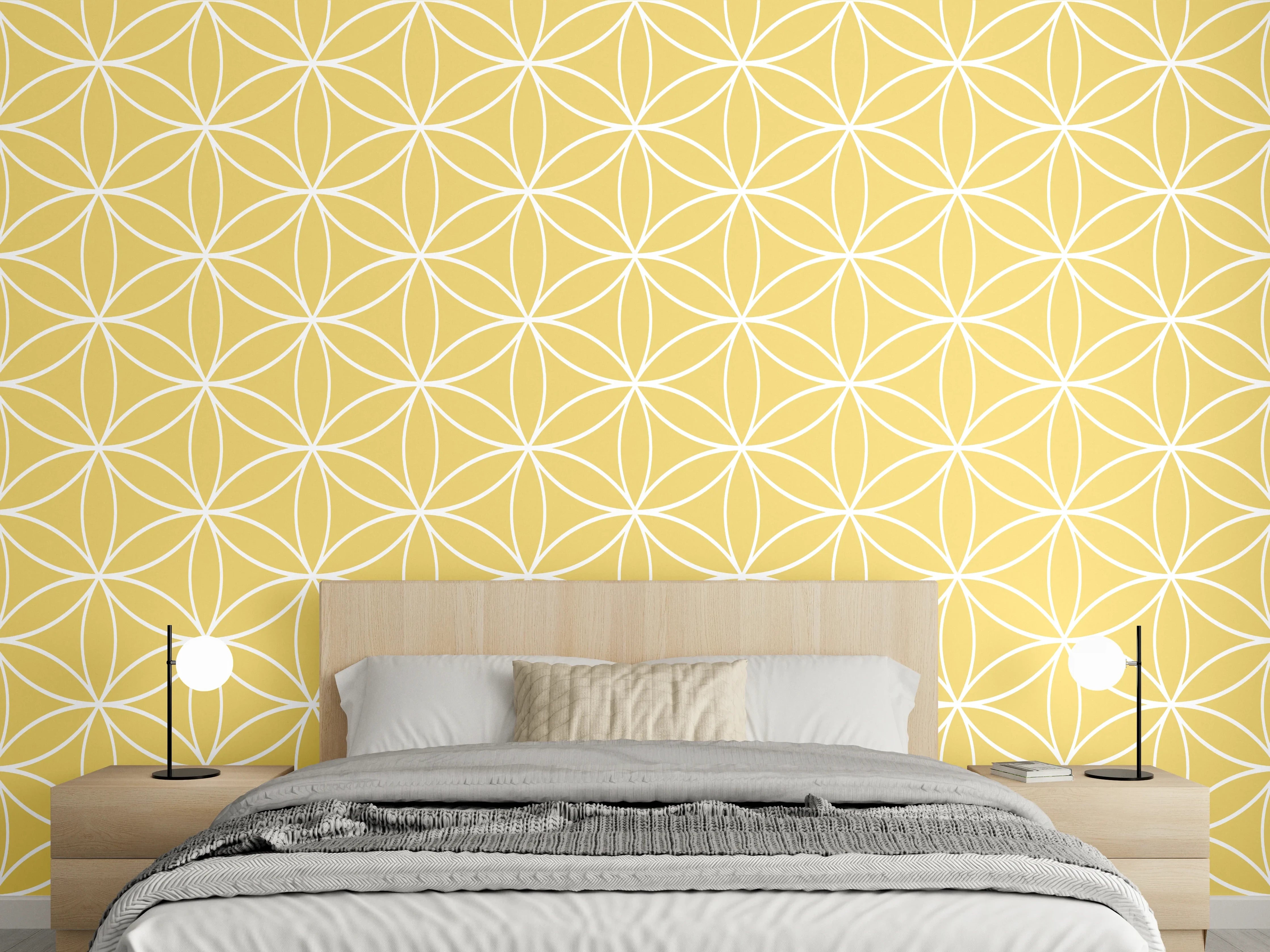 Wandverkleidung Schlafzimmer - Modernes Gelb-Weiß-Grau Geometriemuster