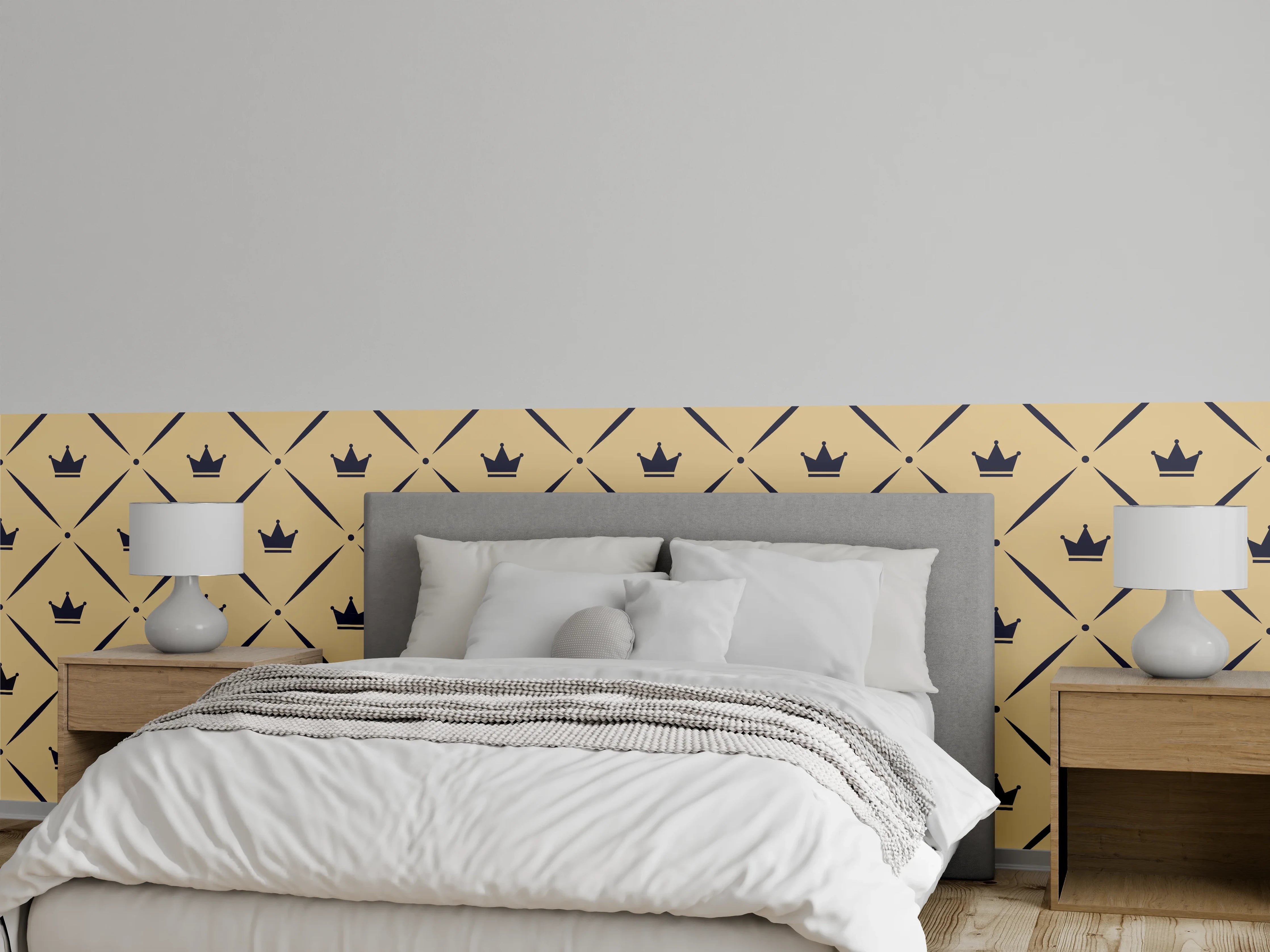 Wandverkleidung Schlafzimmer - Modernes Kronenmuster auf Beigefarben