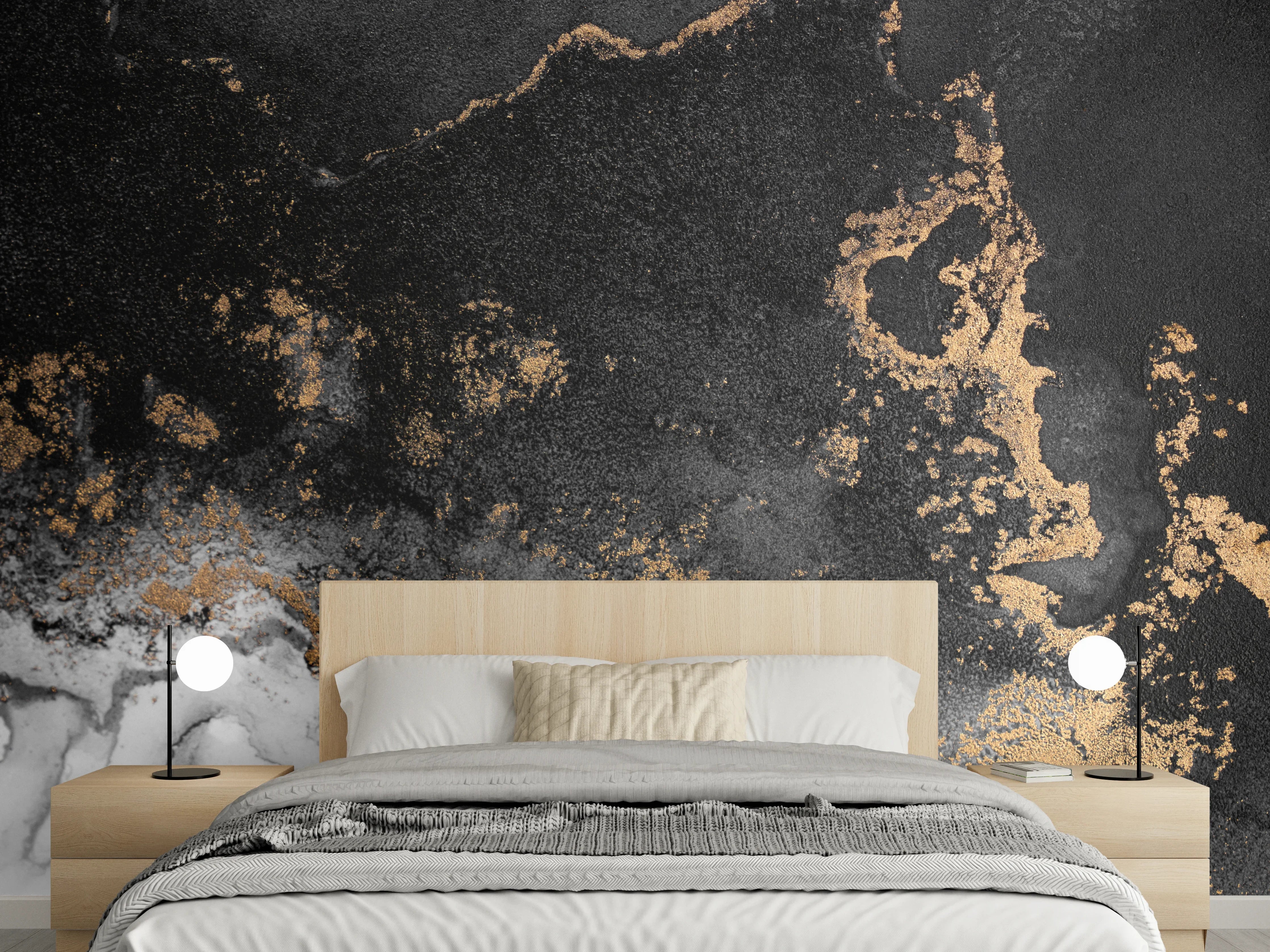 Wandverkleidung Schlafzimmer - Modernes Marmor-Design mit Goldakzenten