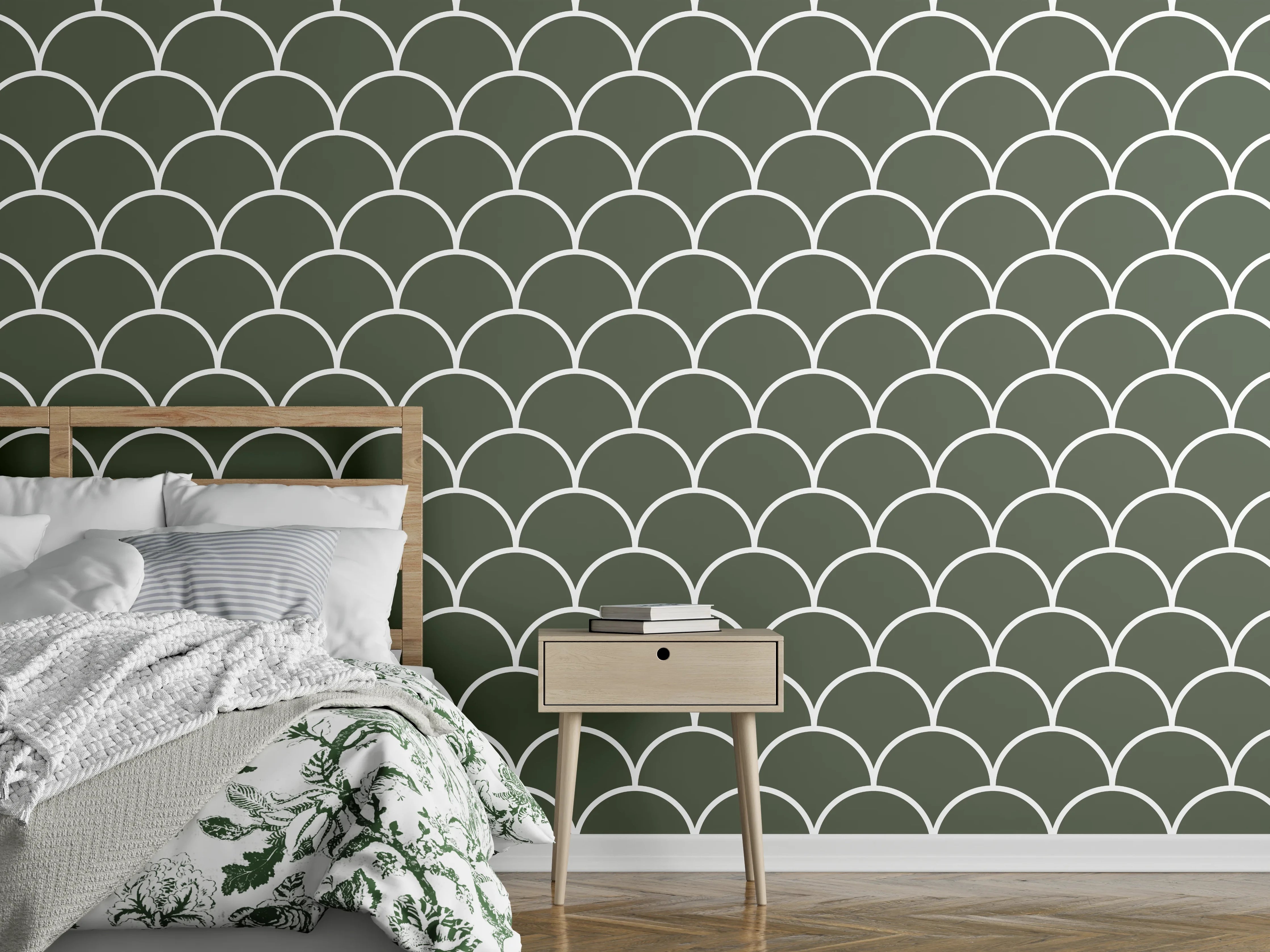 Wandverkleidung Schlafzimmer - Modernes Muschelmuster in Olivegrün