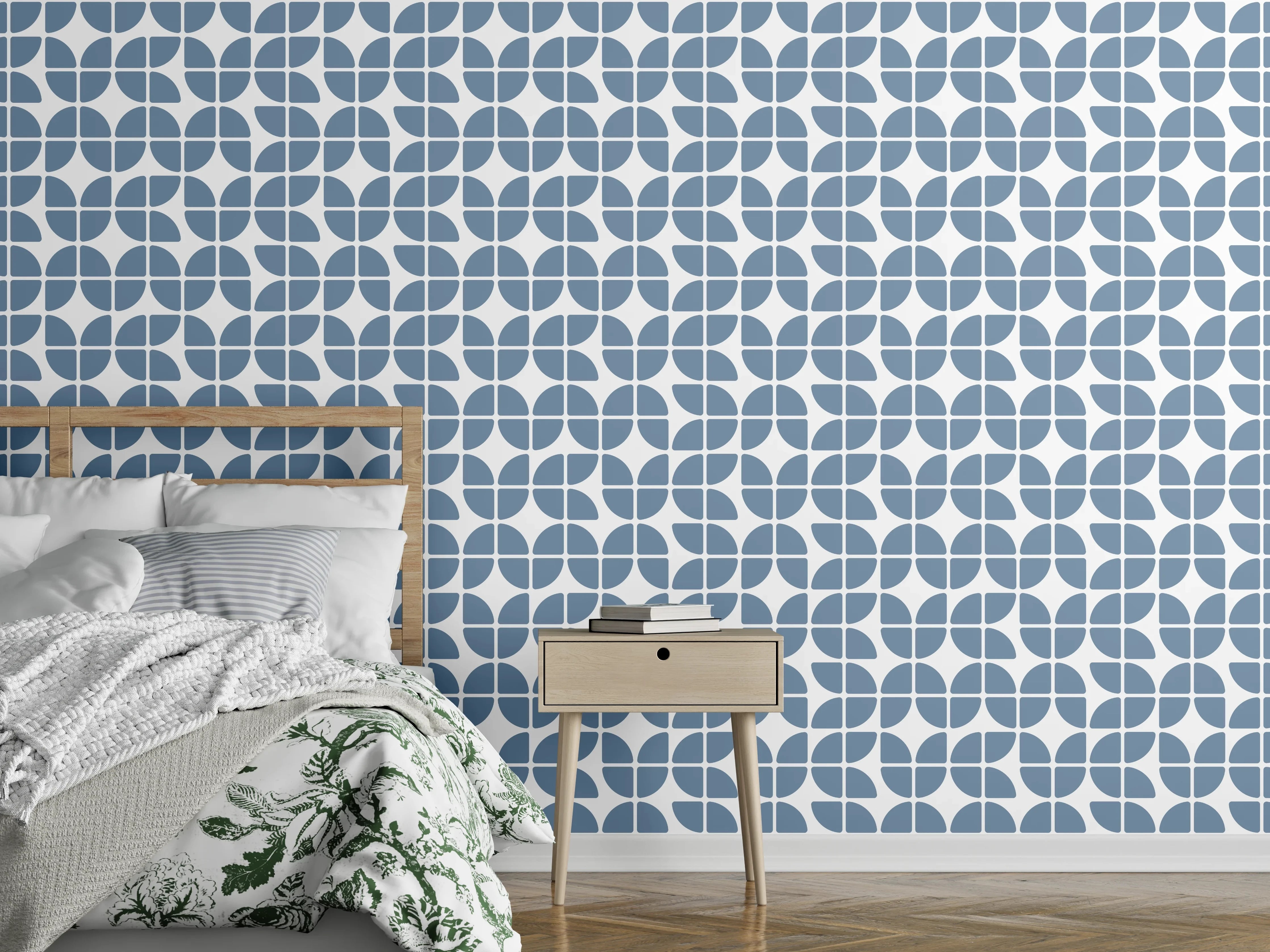 Wandverkleidung Schlafzimmer - Modernes Retro-Muster Blau Weiß