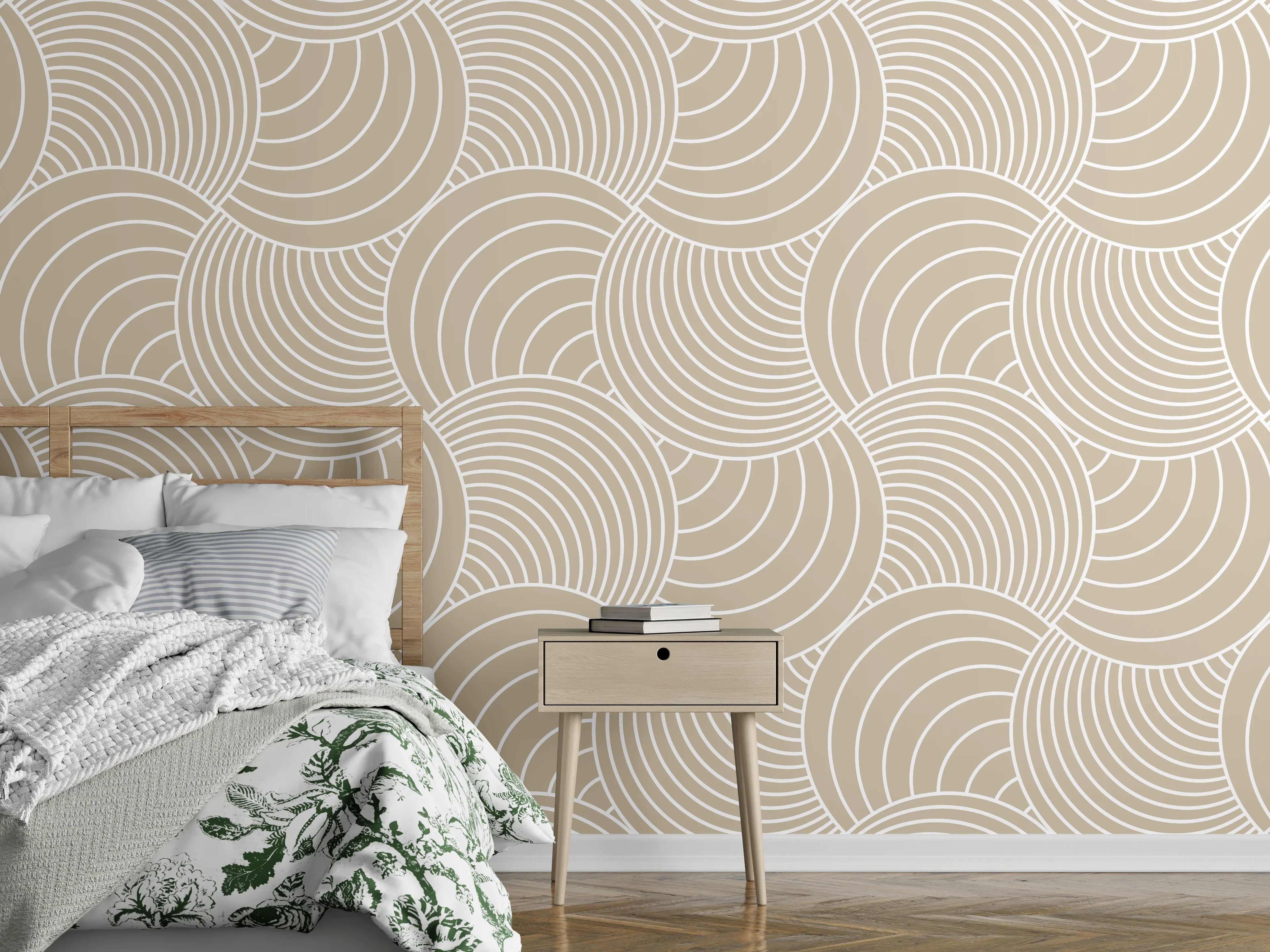 Wandverkleidung Schlafzimmer - Modernes Retro-Muster in Beige und Weiß