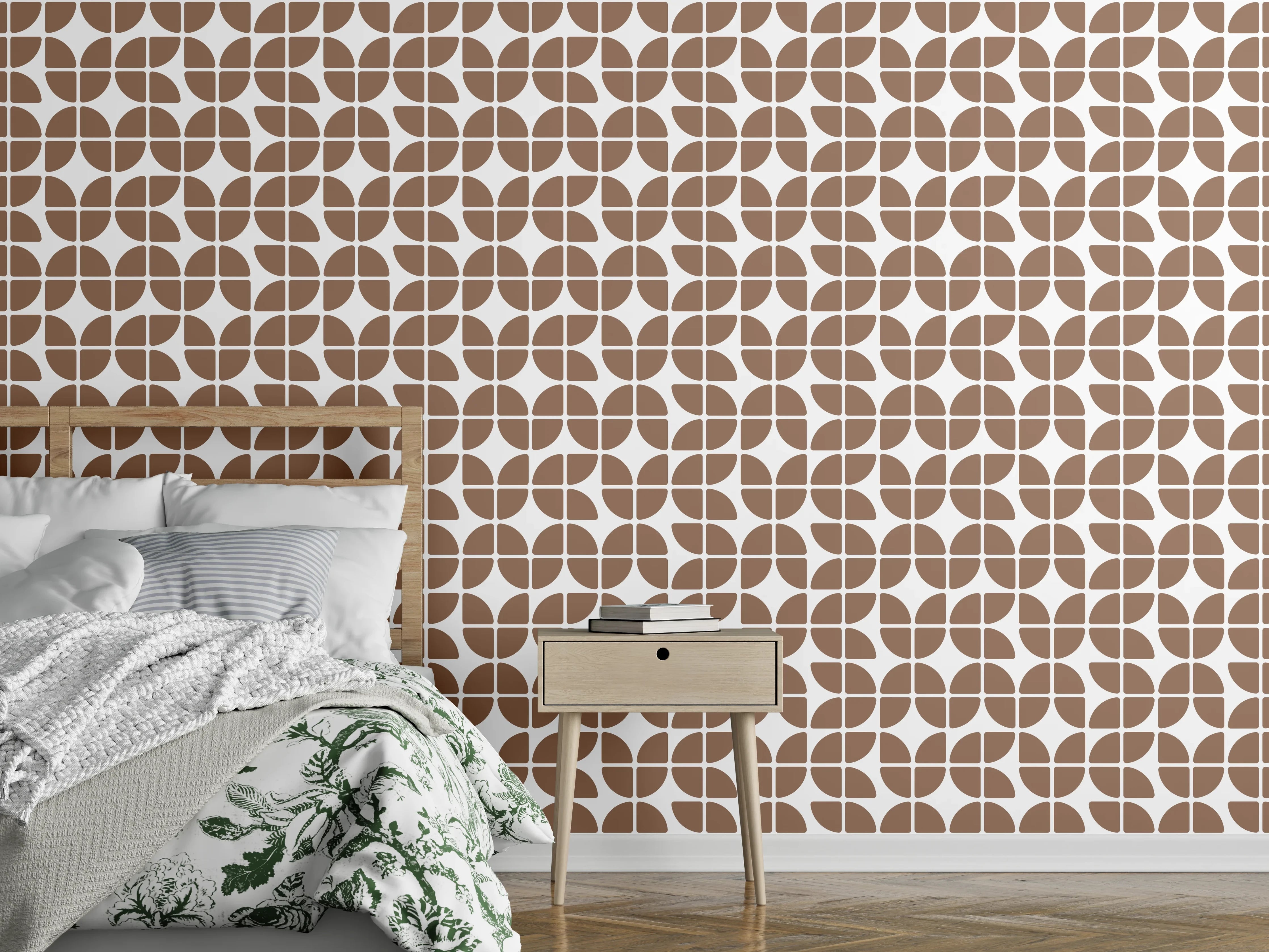 Wandverkleidung Schlafzimmer - Modernes Retro-Muster in Braun-Weiß