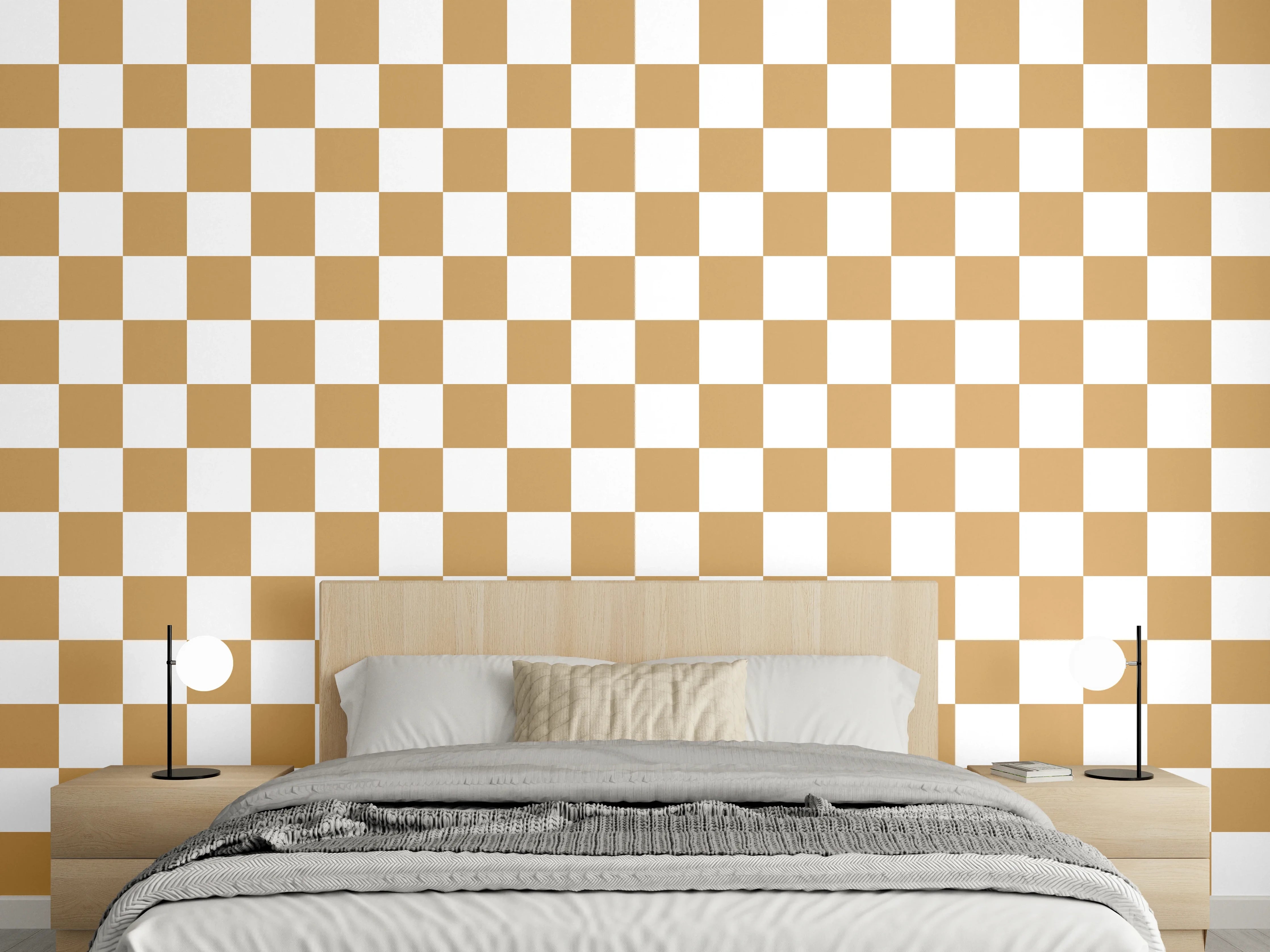 Wandverkleidung Schlafzimmer - Modernes Schachbrett: Braun, Weiß & Grau