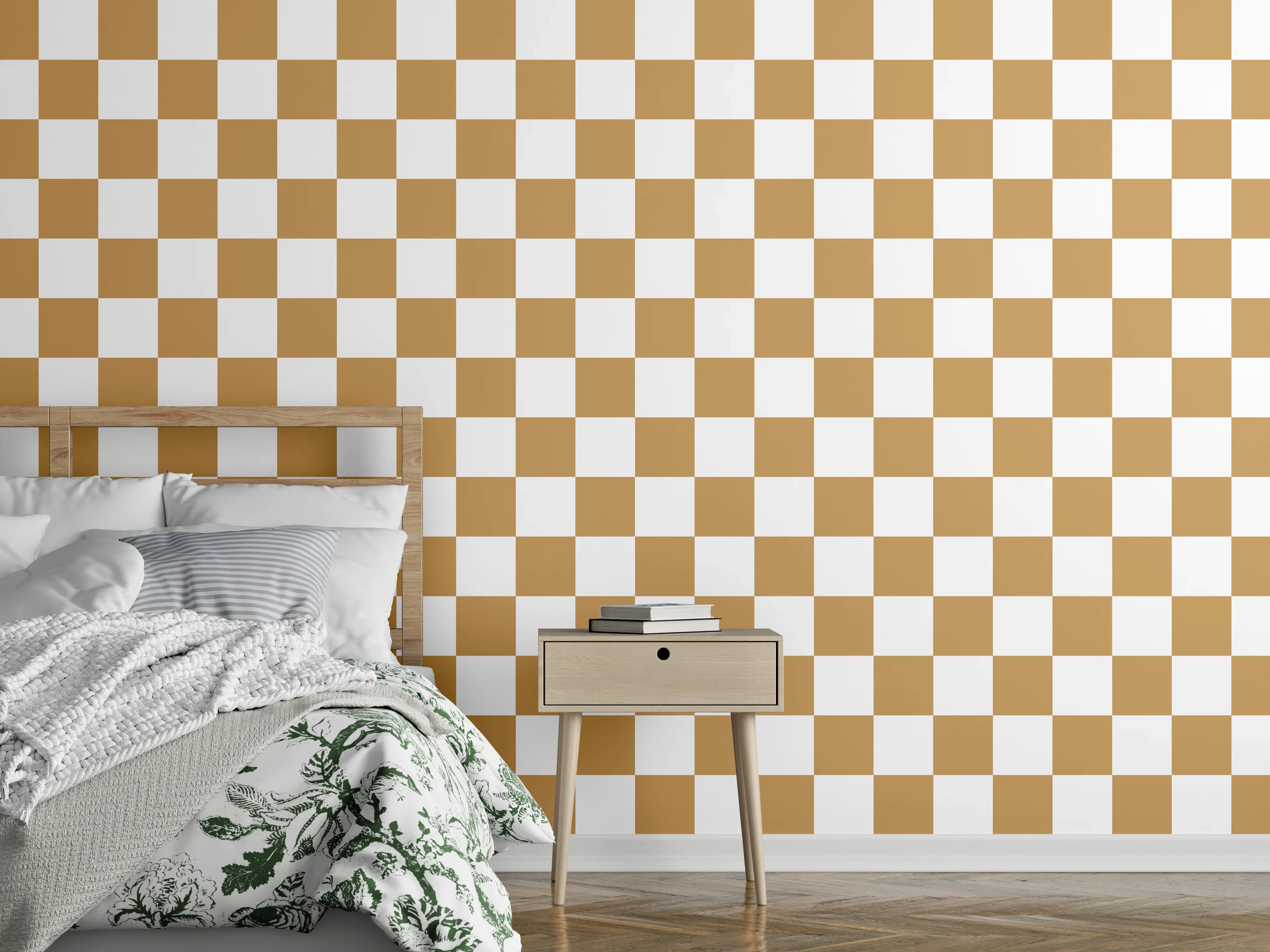 Wandverkleidung Schlafzimmer - Modernes Schachbrett: Braun, Weiß & Grau