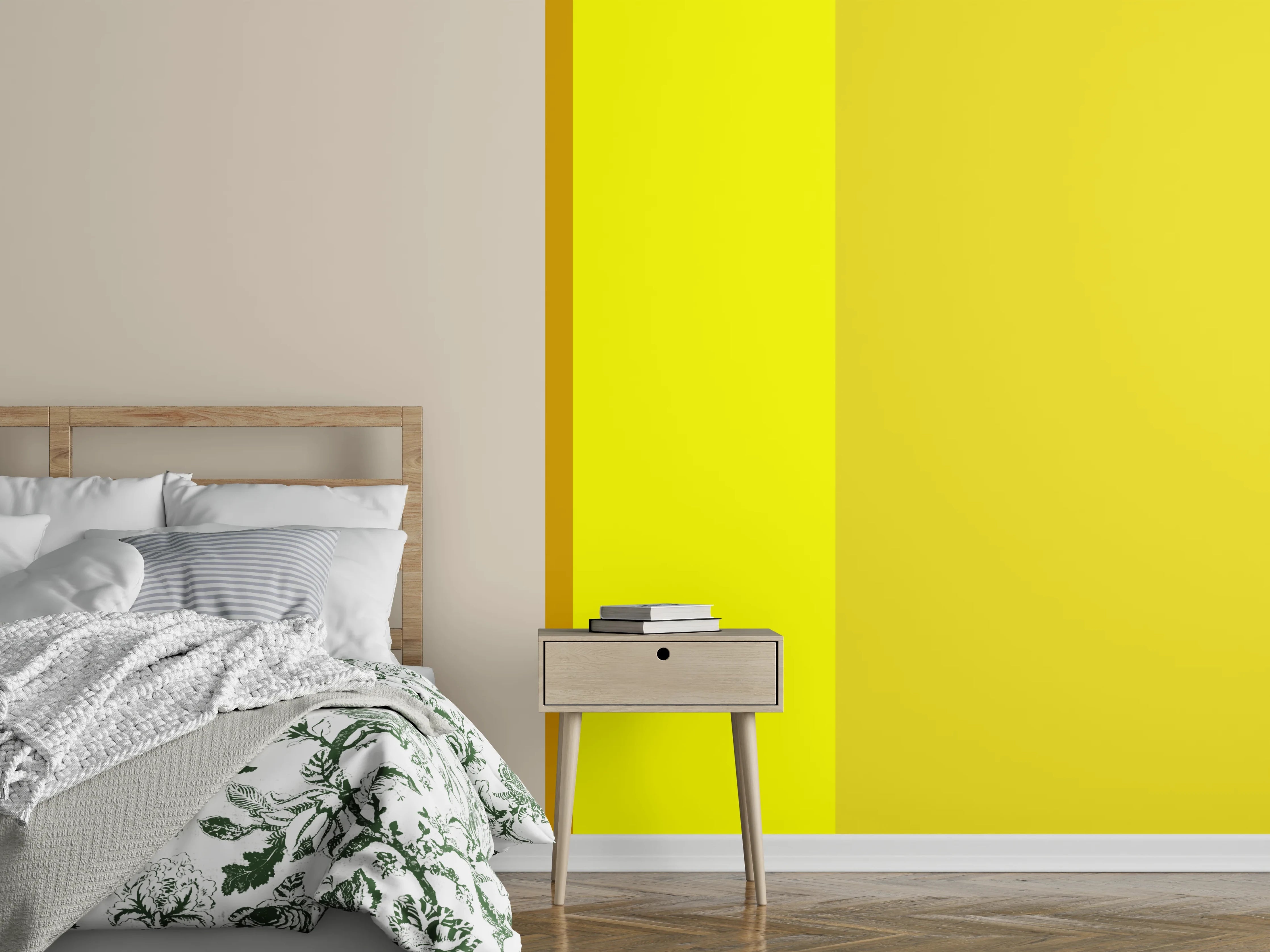 Wandverkleidung Schlafzimmer - Modernes Streifen-Design in Gelb und Beige