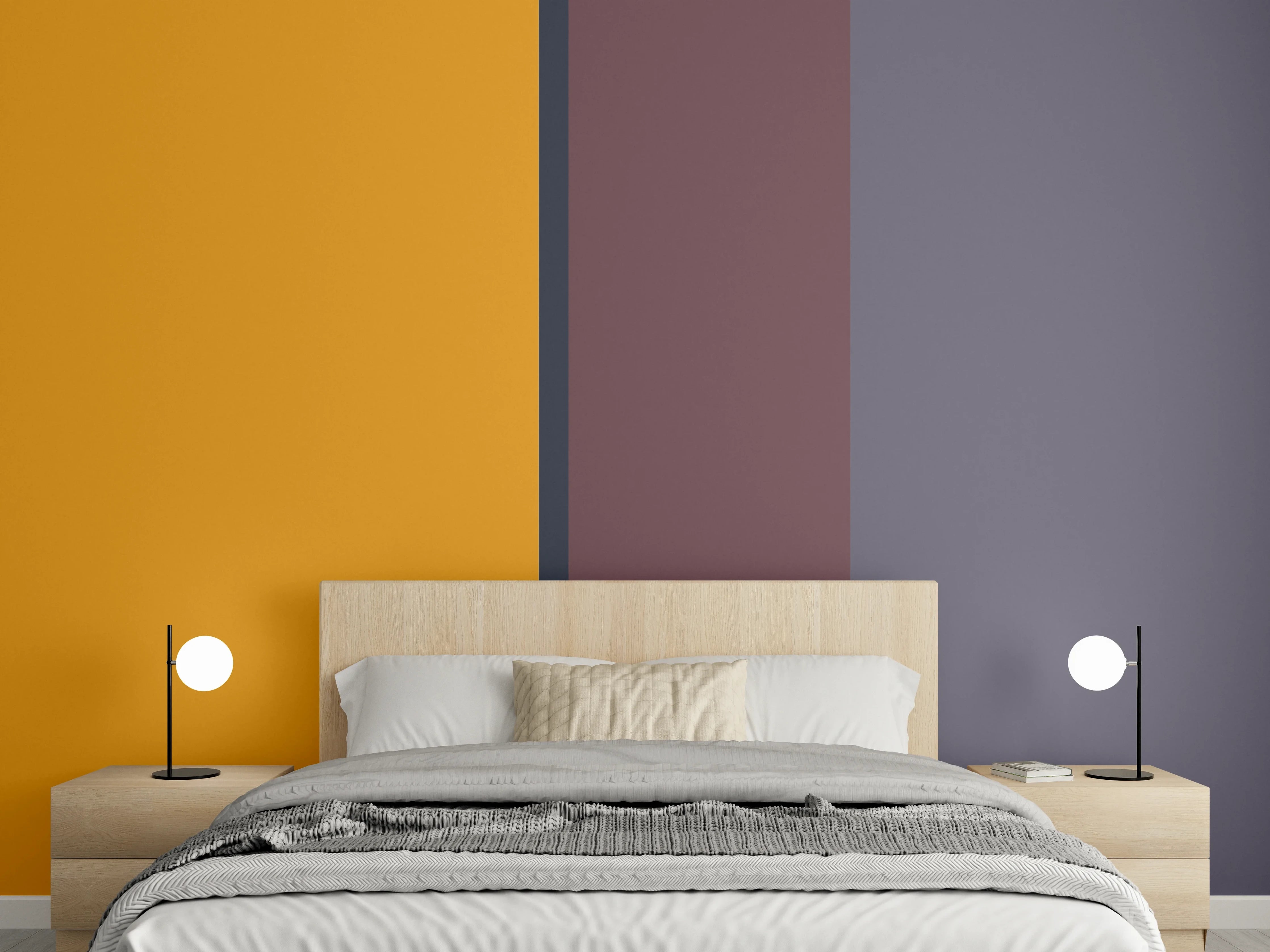 Wandverkleidung Schlafzimmer - Modernes Streifen-Design in Orange und Lila
