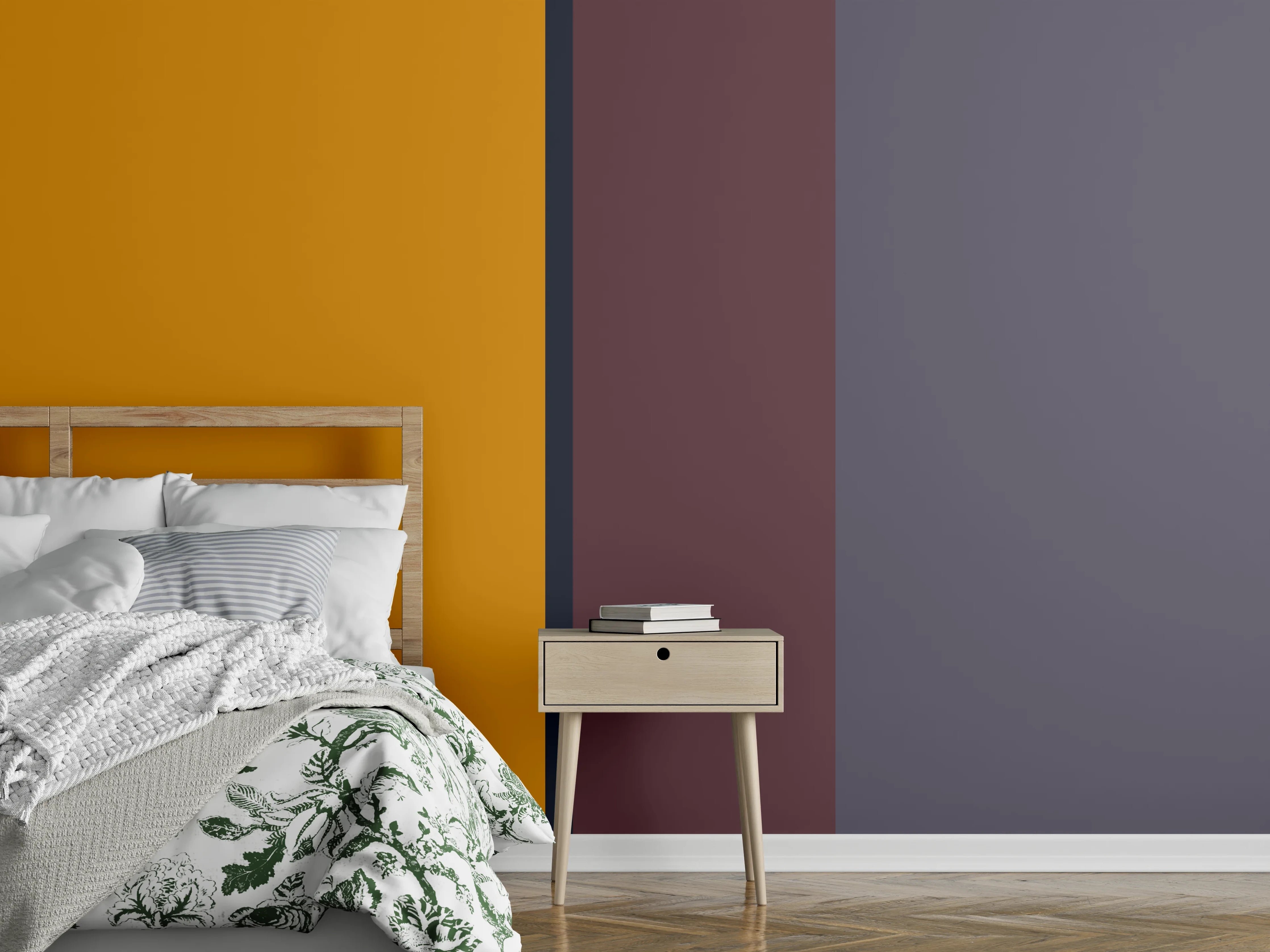 Wandverkleidung Schlafzimmer - Modernes Streifen-Design in Orange und Lila