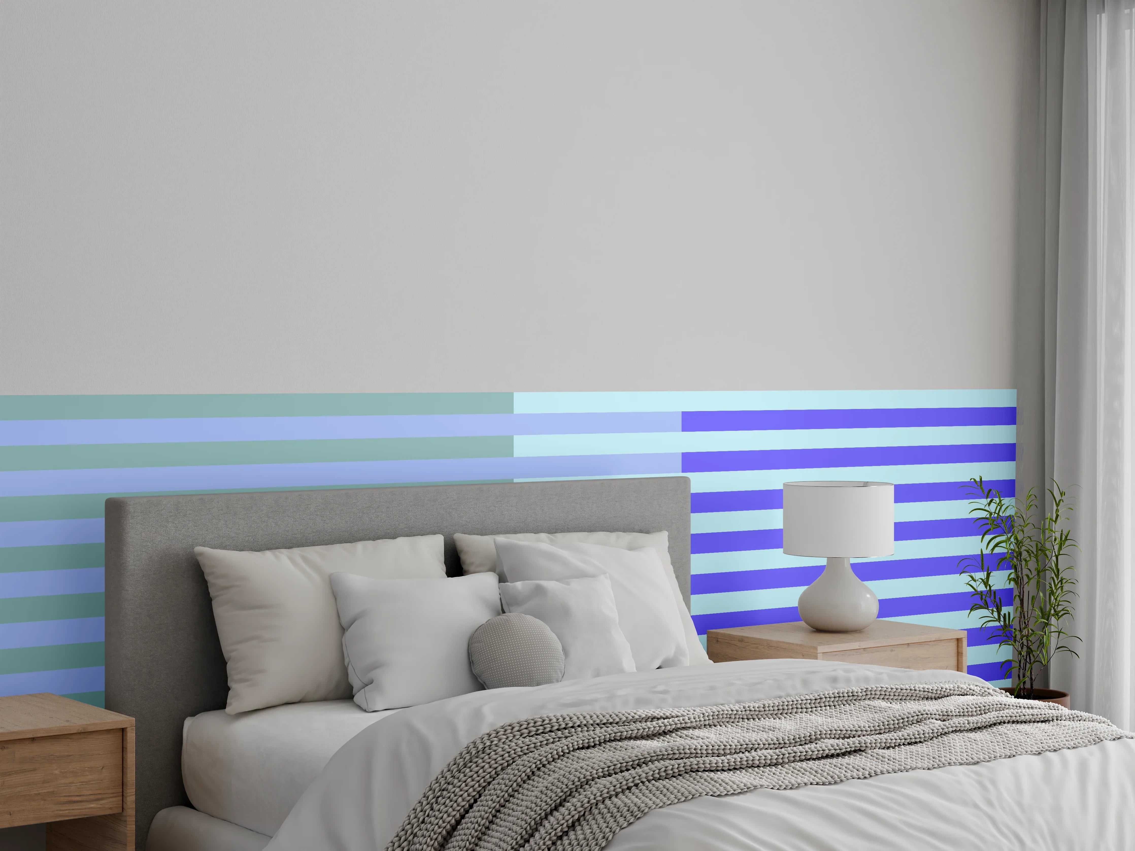 Wandverkleidung Schlafzimmer - Modernes Streifenmuster Blau Grau Minimalistisch