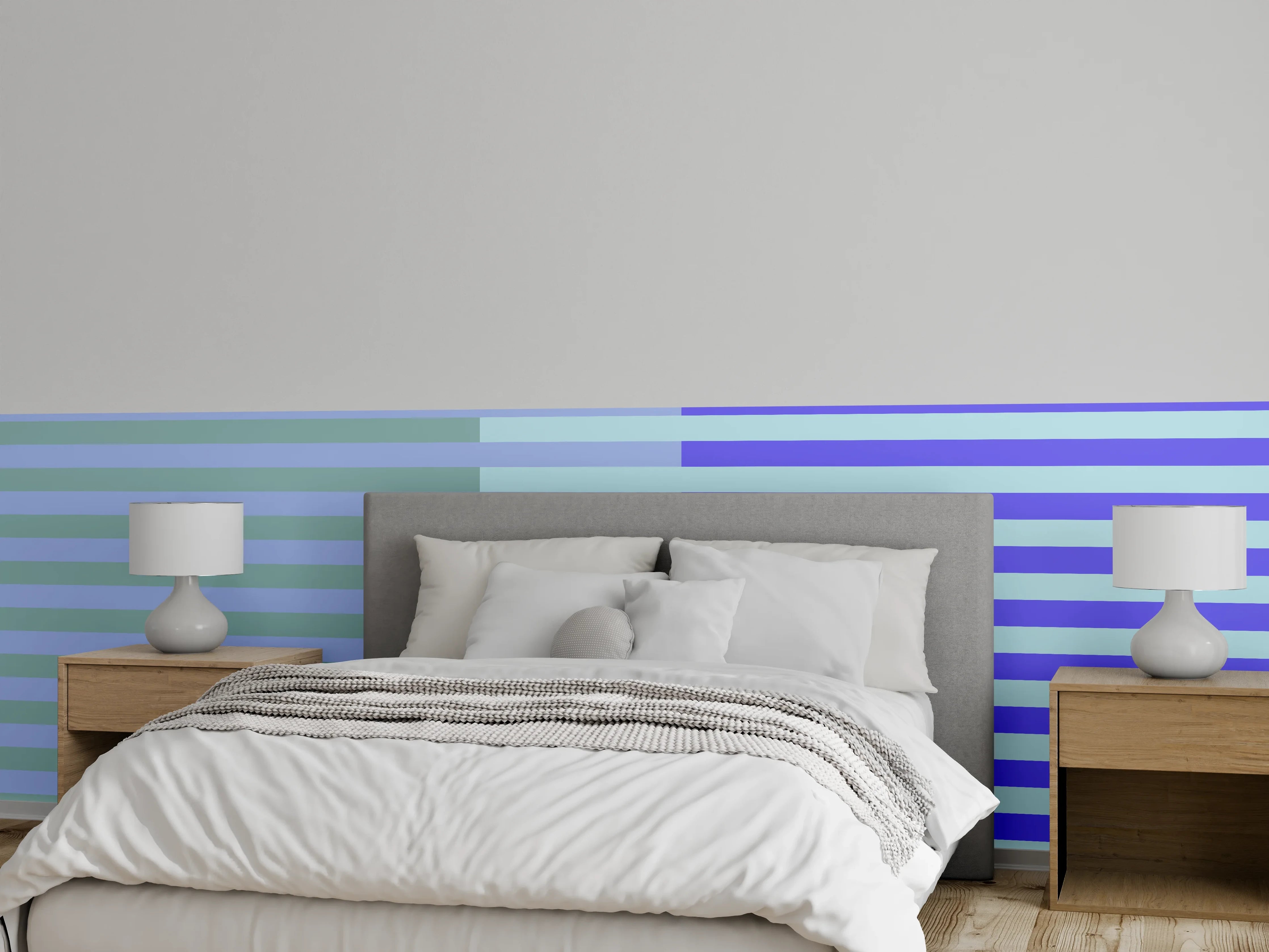 Wandverkleidung Schlafzimmer - Modernes Streifenmuster Blau Grau Minimalistisch