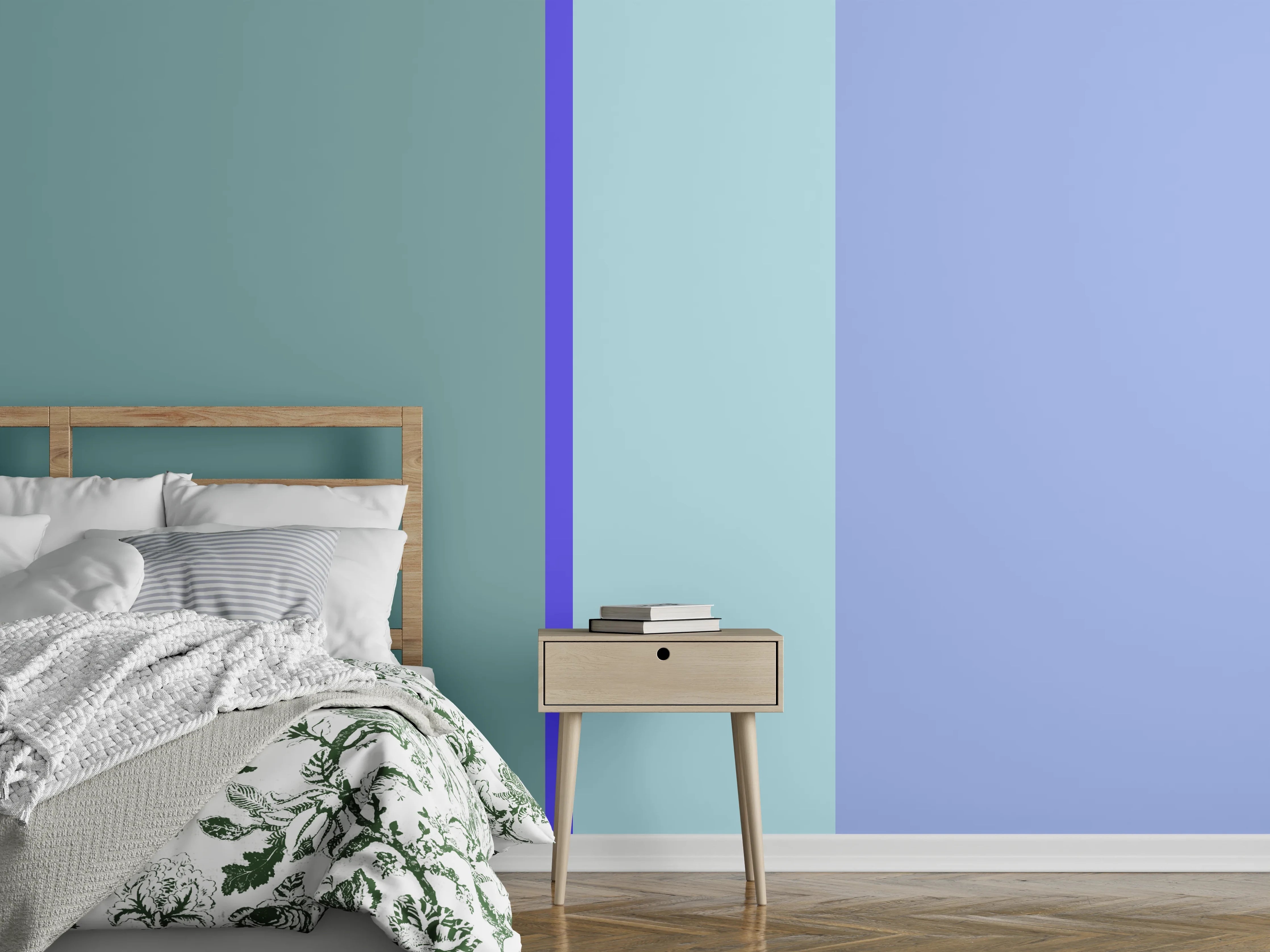 Wandverkleidung Schlafzimmer - Modernes Streifenmuster Blau Grün Grau