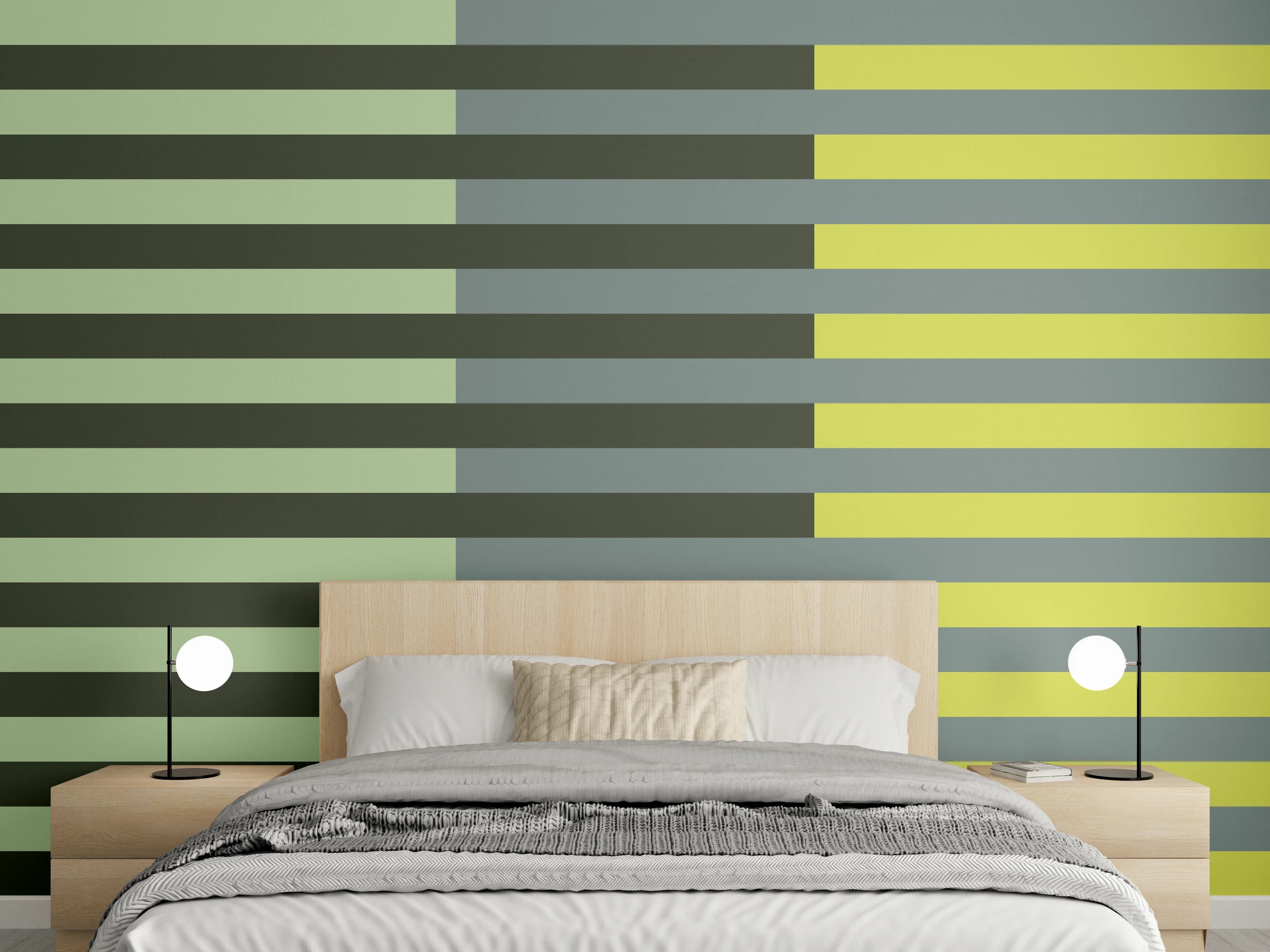 Wandverkleidung Schlafzimmer - Modernes Streifenmuster Gelb Grau Grün