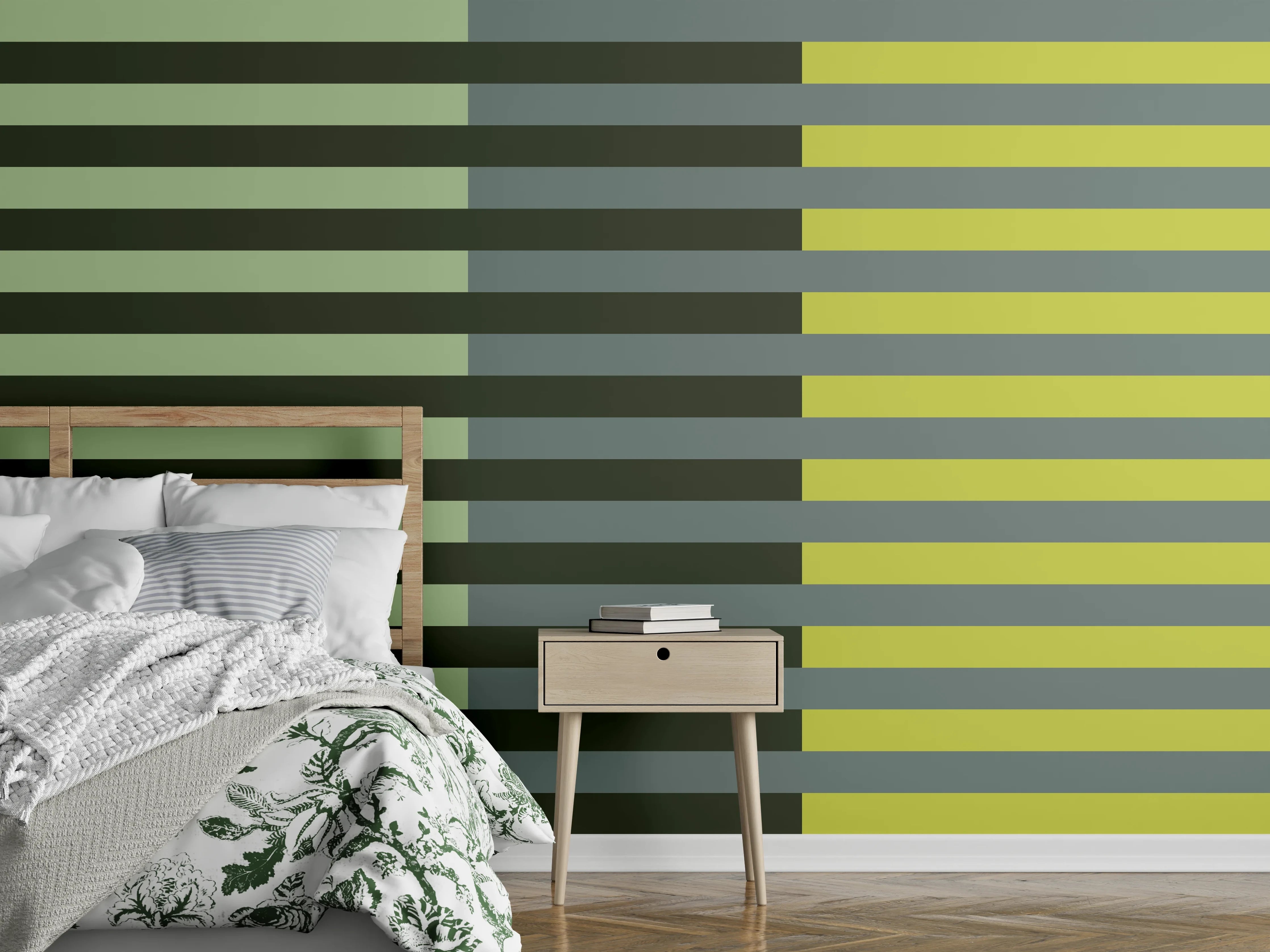 Wandverkleidung Schlafzimmer - Modernes Streifenmuster Gelb Grau Grün