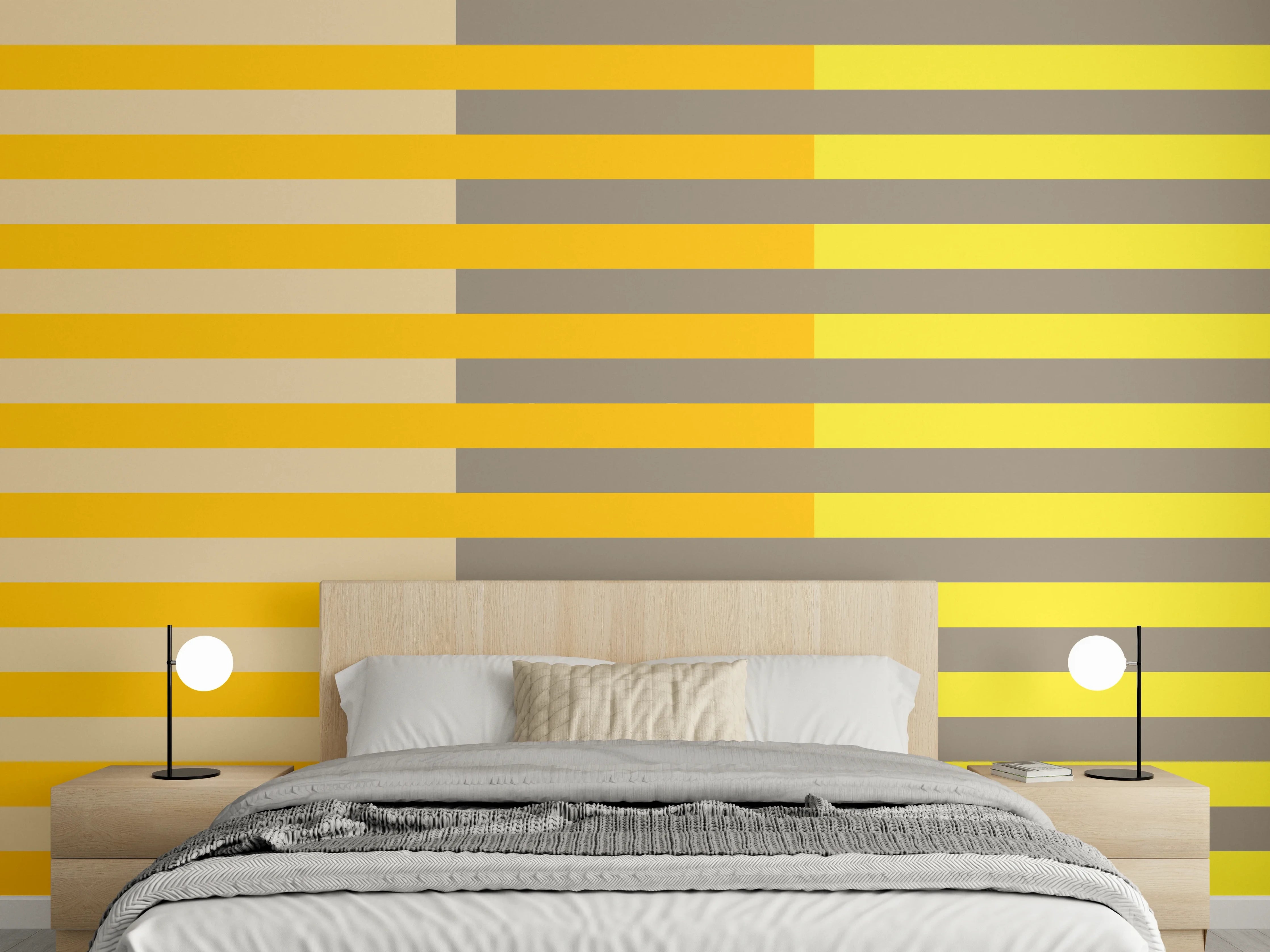 Wandverkleidung Schlafzimmer - Modernes Streifenmuster Gelb Grau Orange