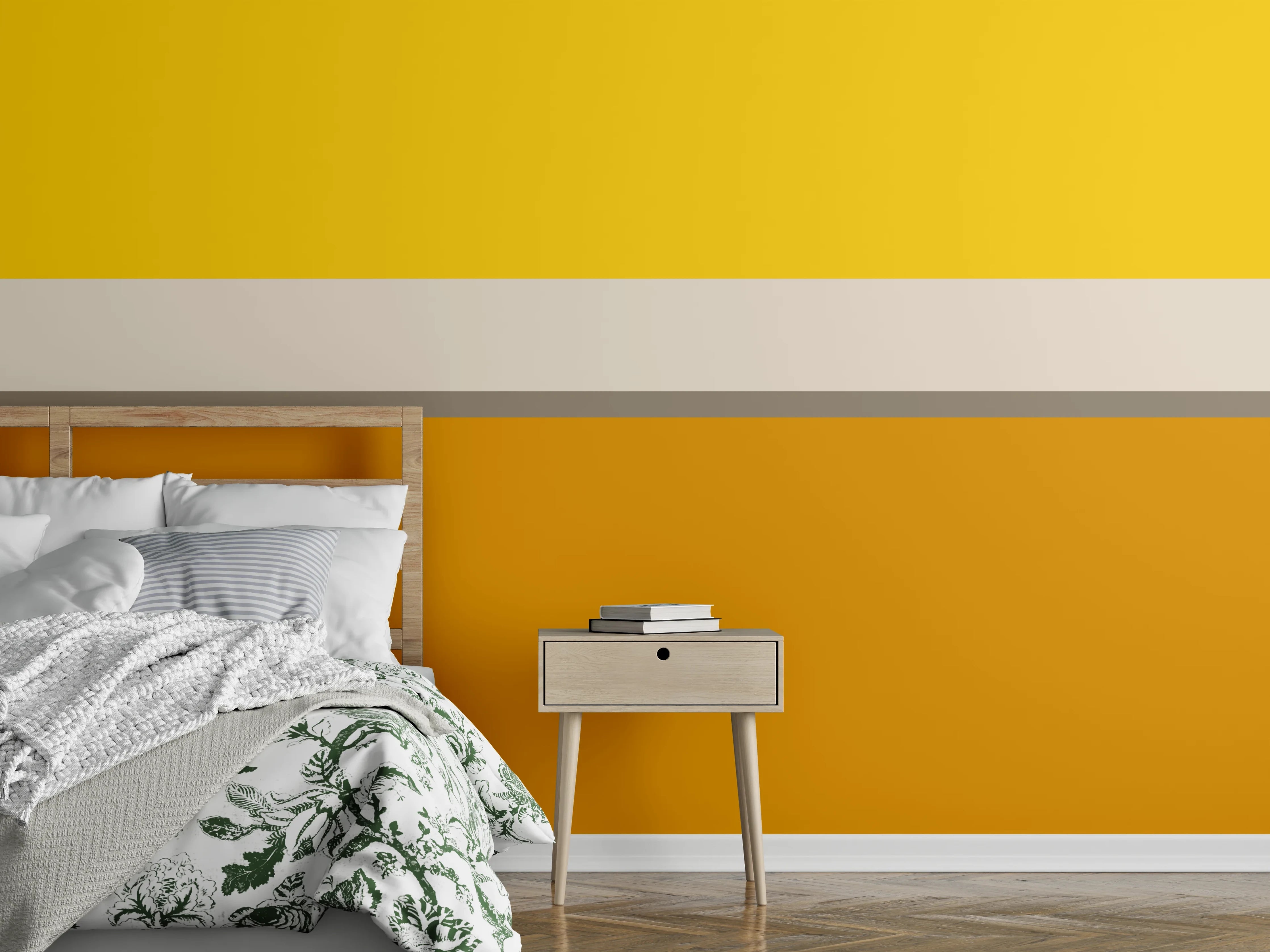 Wandverkleidung Schlafzimmer - Modernes Streifenmuster Gelb-Orange