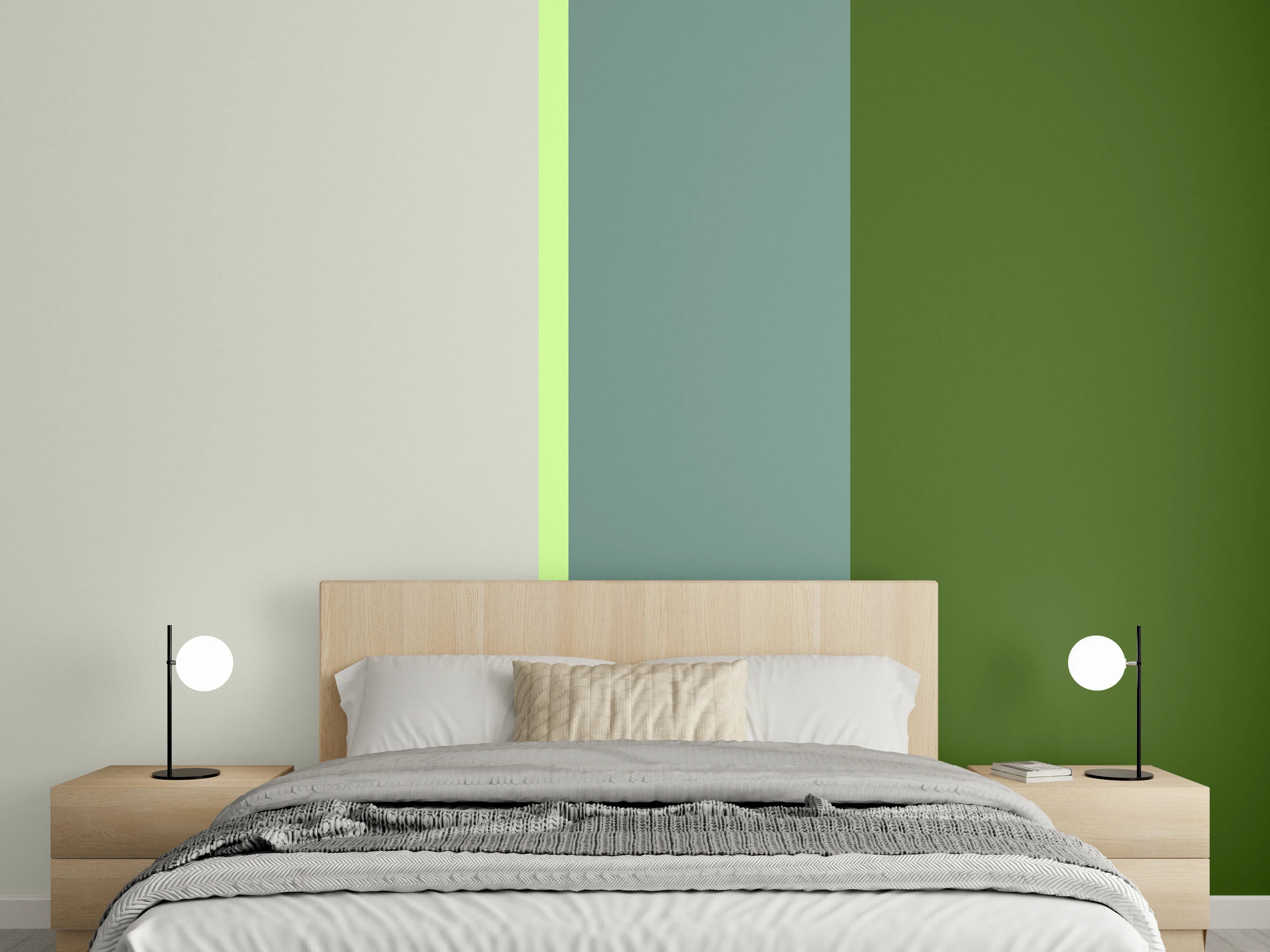 Wandverkleidung Schlafzimmer - Modernes Streifenmuster Grün Grau Beige