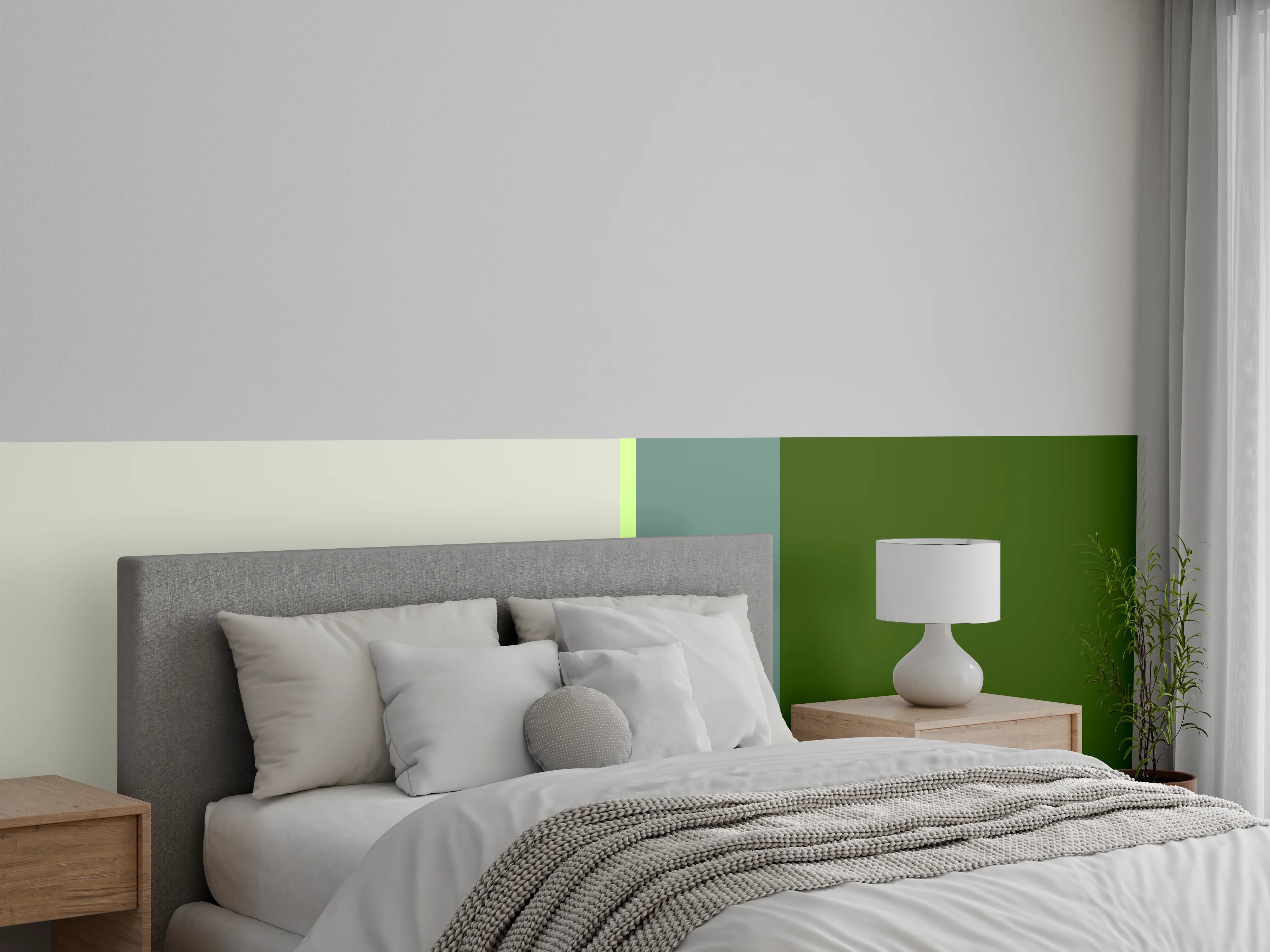Wandverkleidung Schlafzimmer - Modernes Streifenmuster Grün Grau Beige