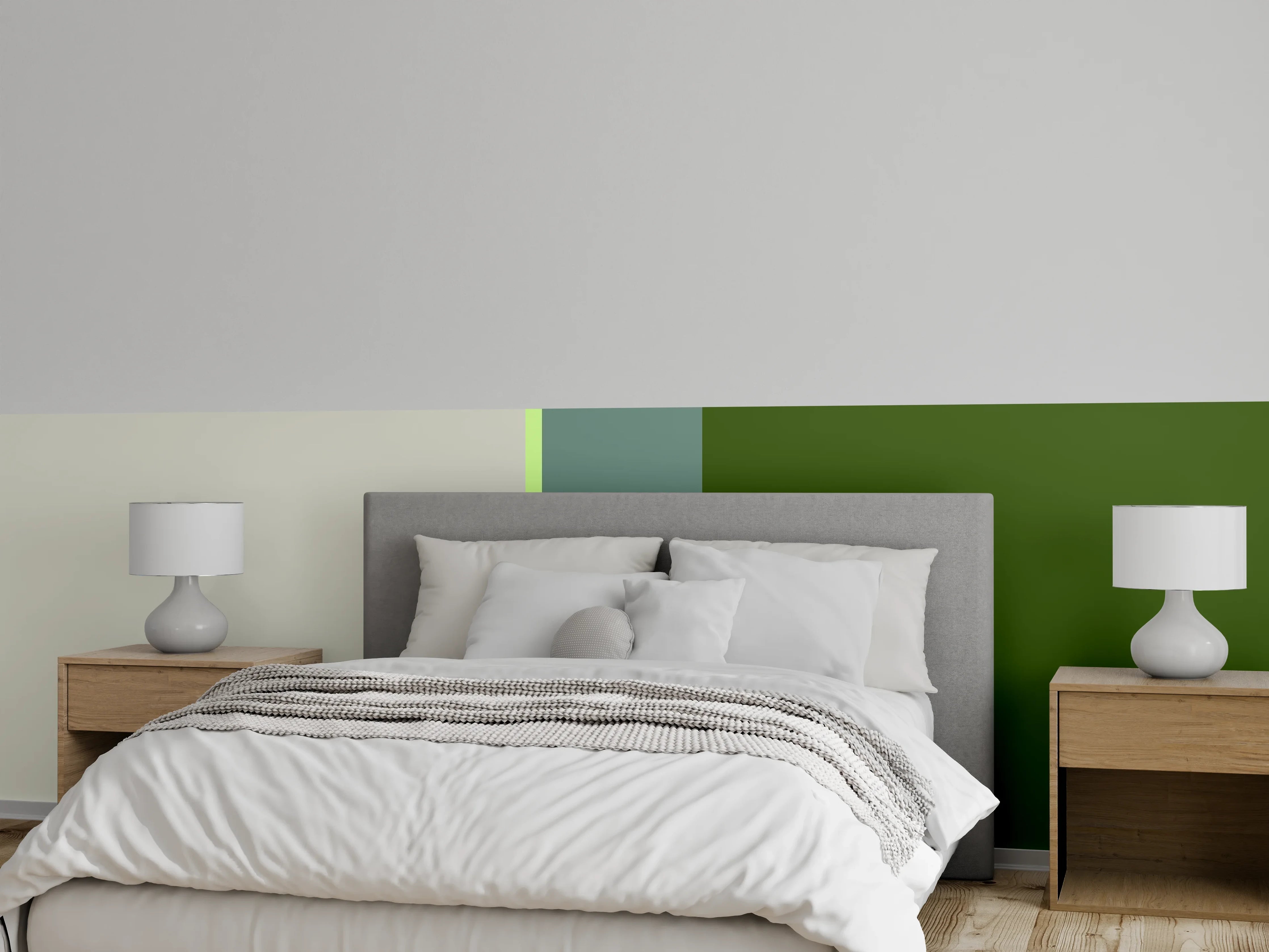 Wandverkleidung Schlafzimmer - Modernes Streifenmuster Grün Grau Beige