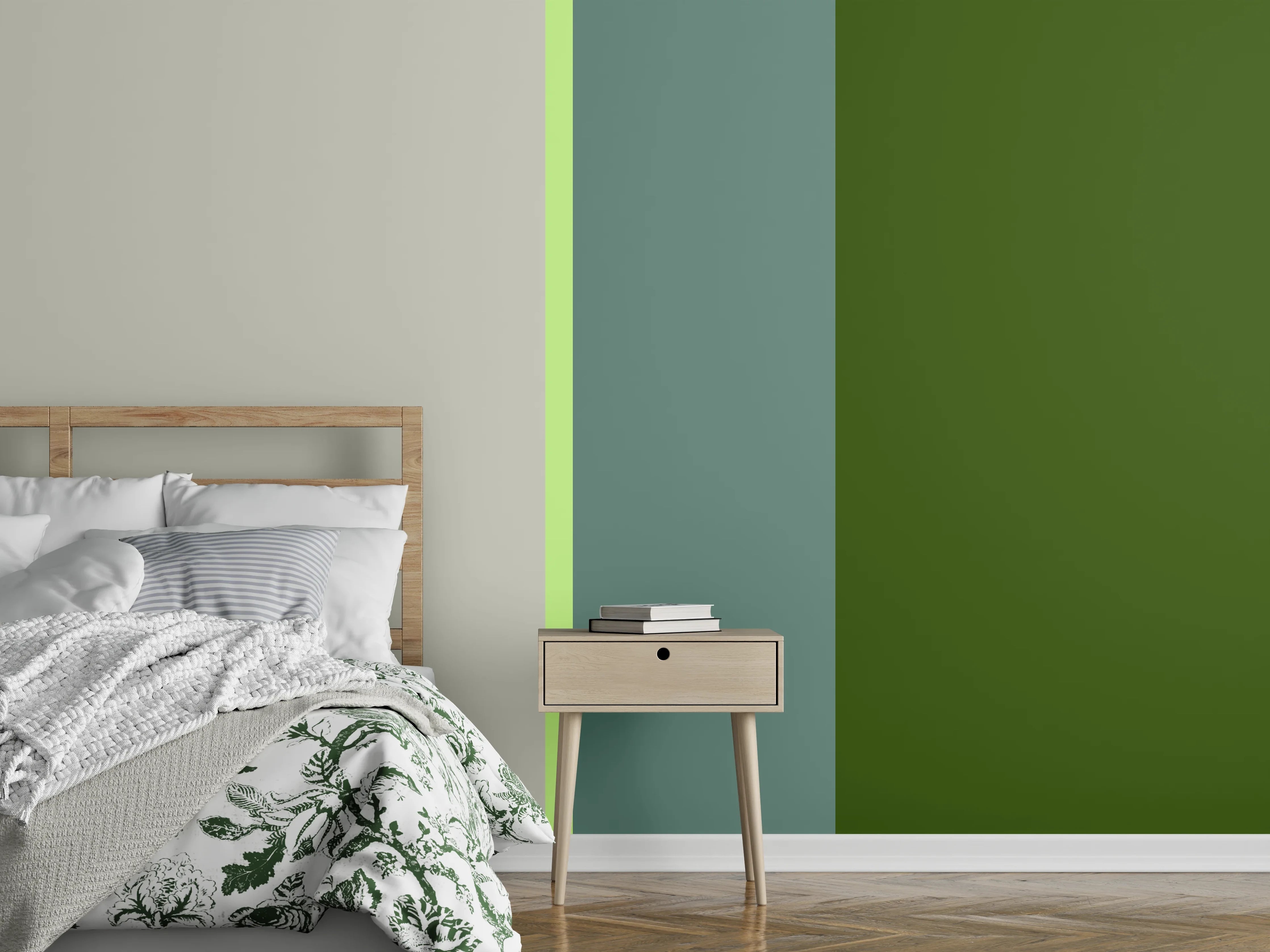 Wandverkleidung Schlafzimmer - Modernes Streifenmuster Grün Grau Beige