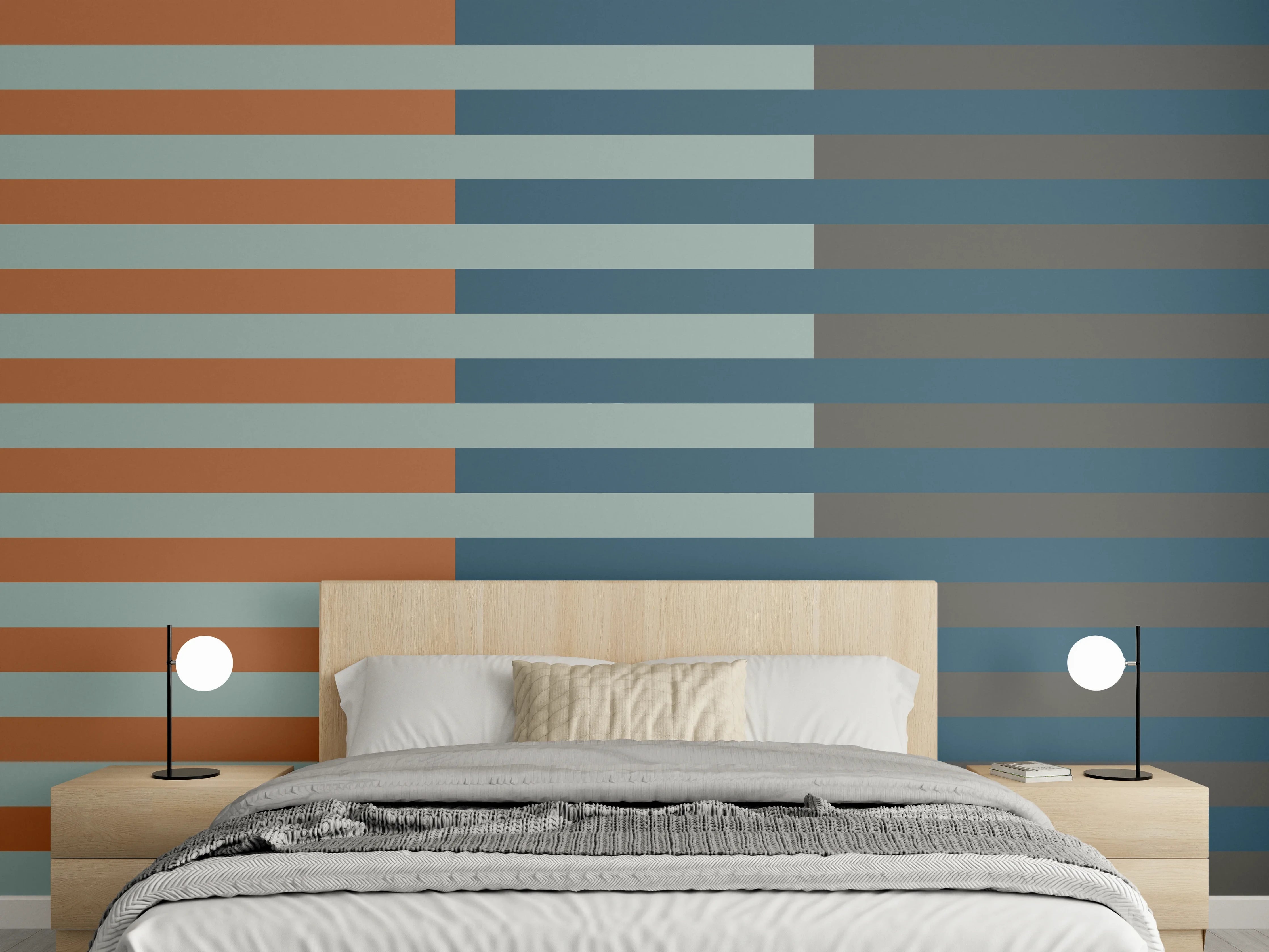 Wandverkleidung Schlafzimmer - Modernes Streifenmuster Wanddesign Blau-Orange