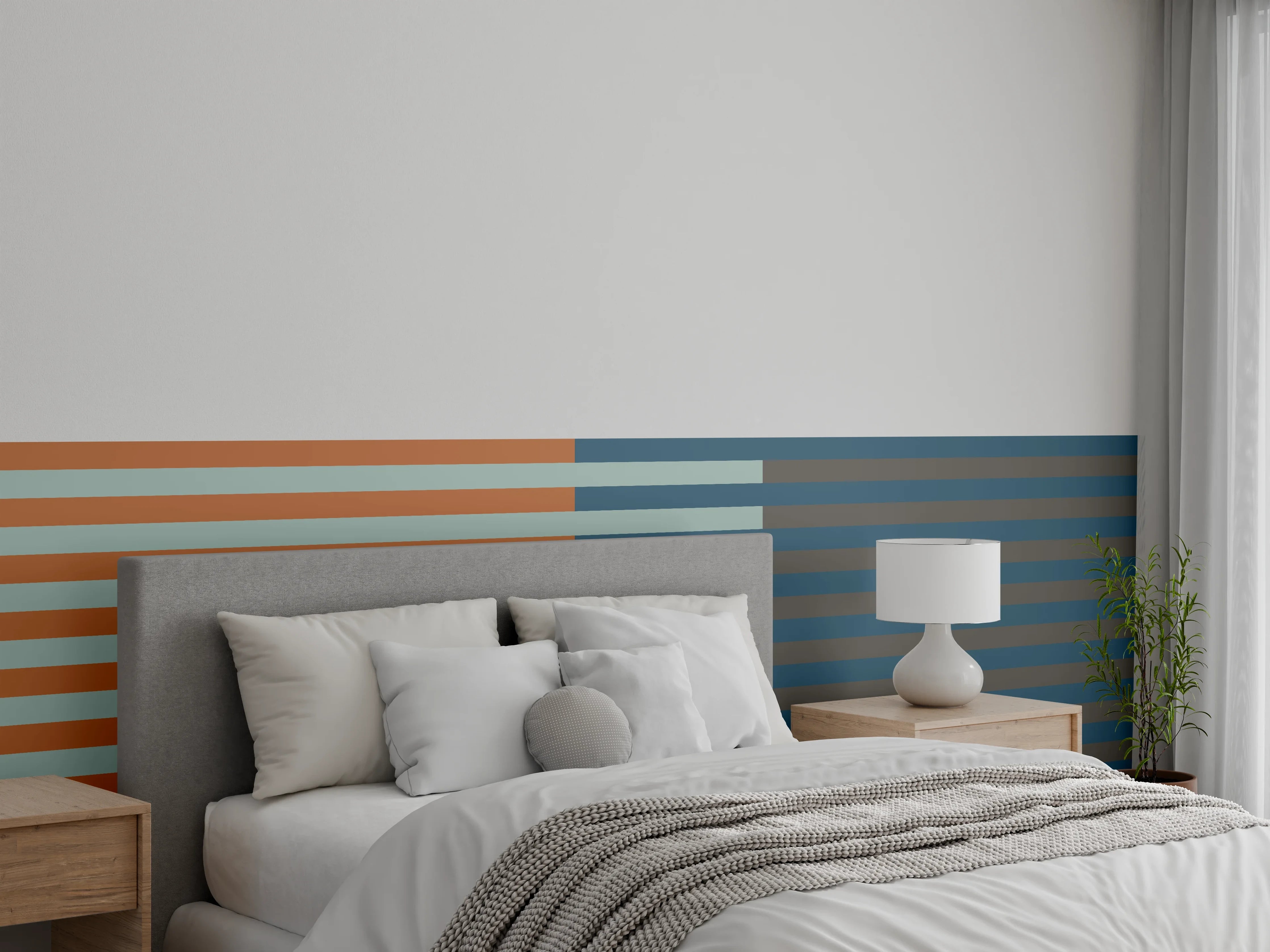Wandverkleidung Schlafzimmer - Modernes Streifenmuster Wanddesign Blau-Orange