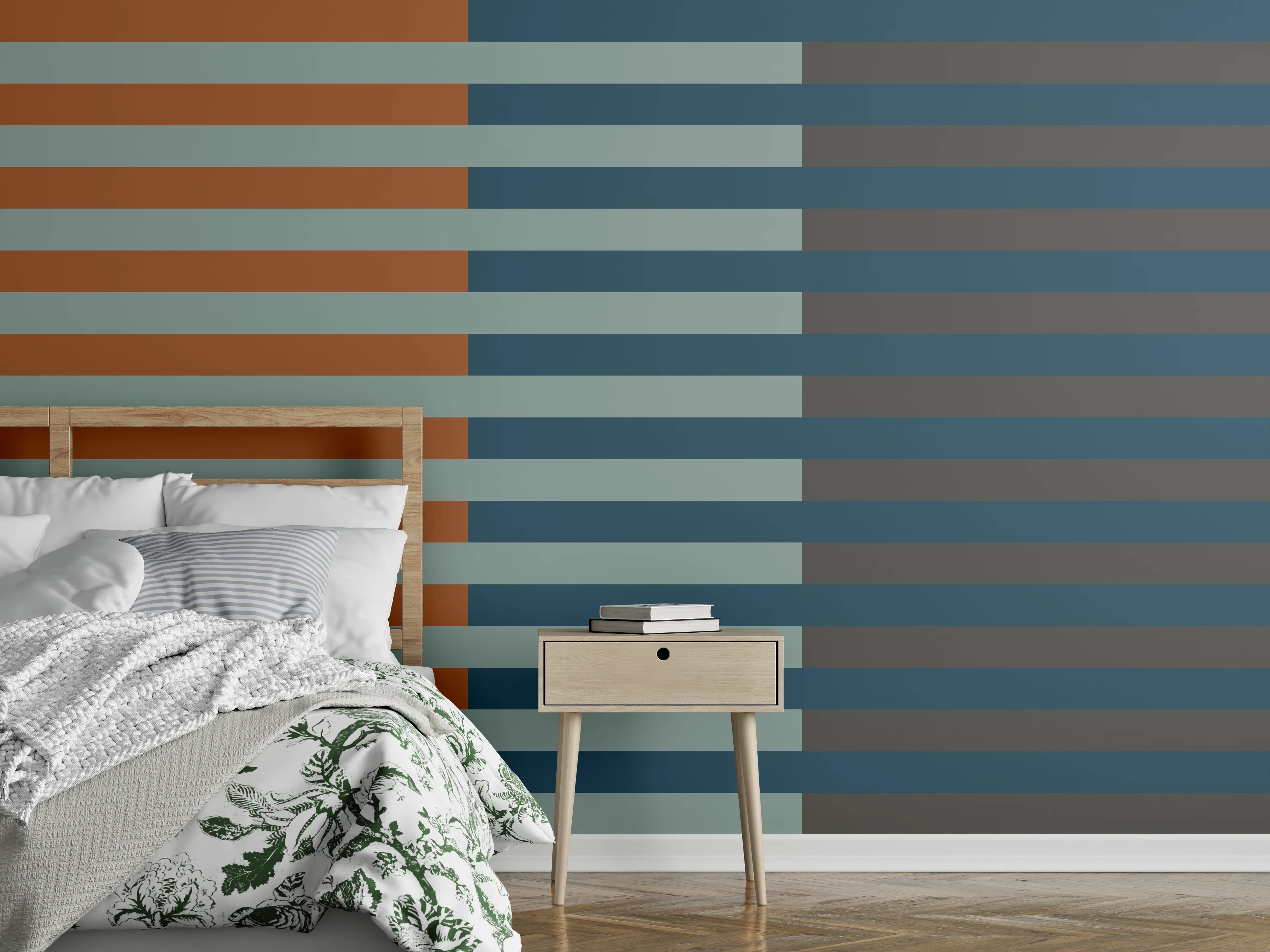 Wandverkleidung Schlafzimmer - Modernes Streifenmuster Wanddesign Blau-Orange