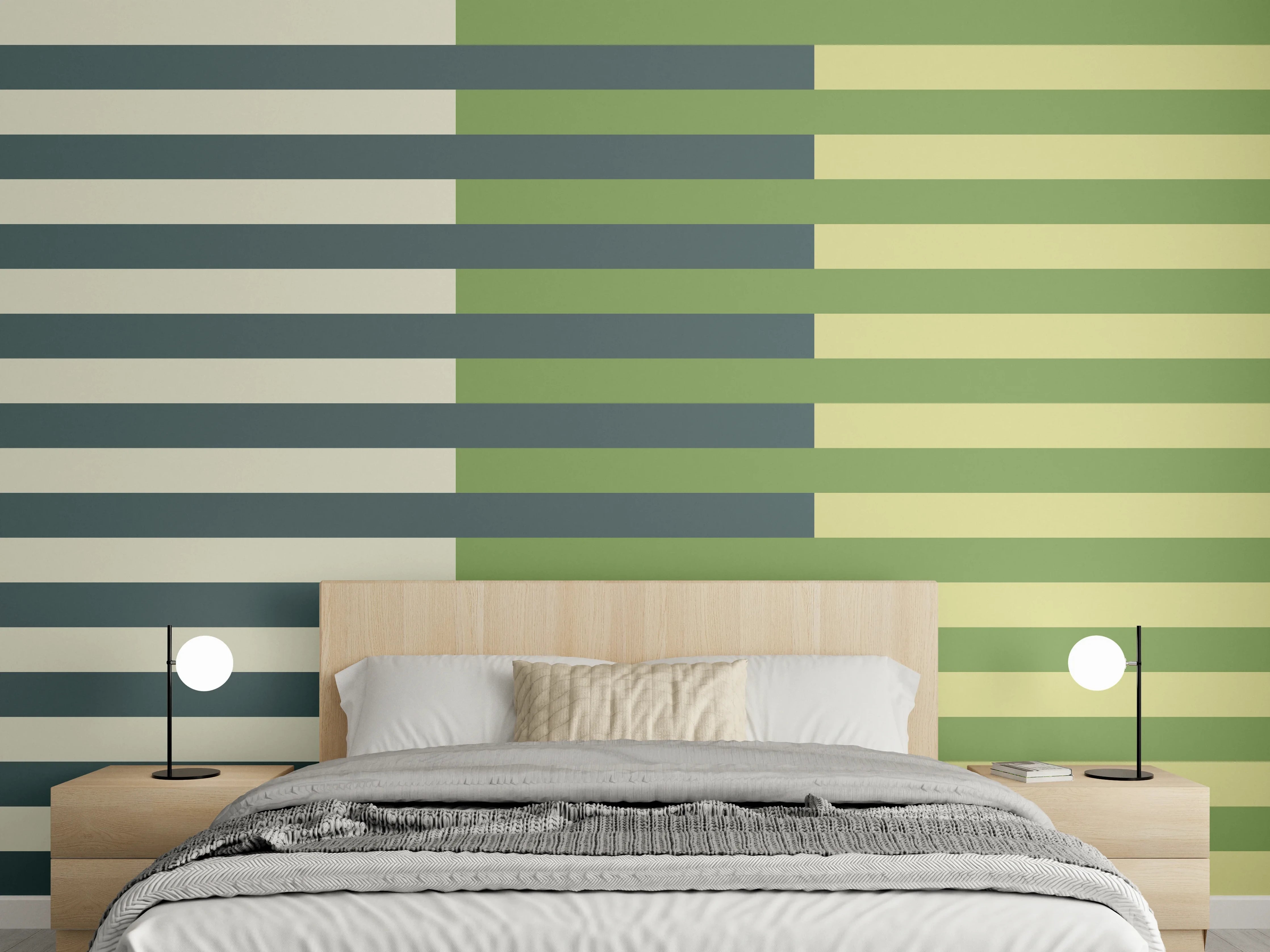 Wandverkleidung Schlafzimmer - Modernes Streifenmuster grün-beige Wandbild