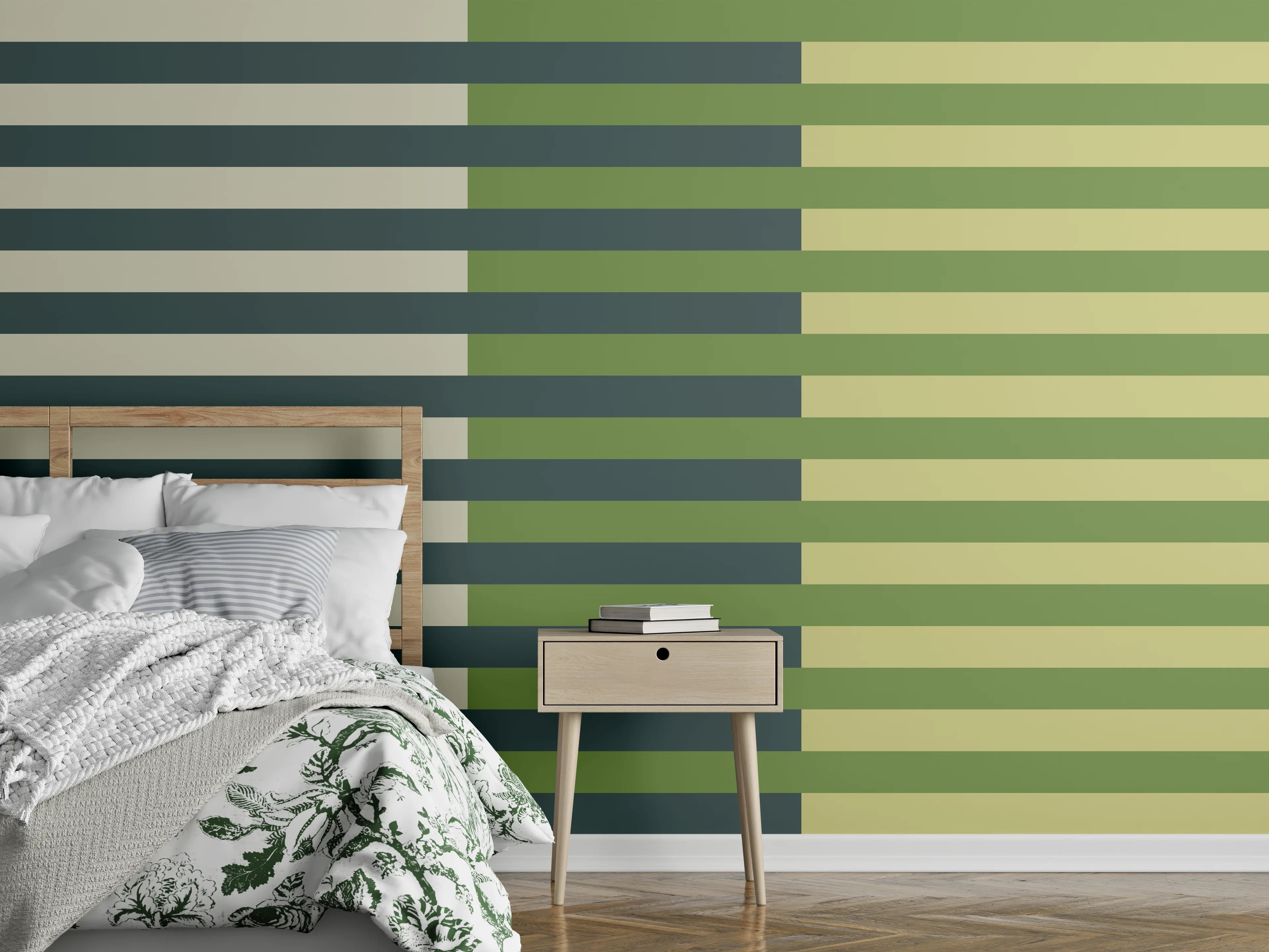 Wandverkleidung Schlafzimmer - Modernes Streifenmuster grün-beige Wandbild