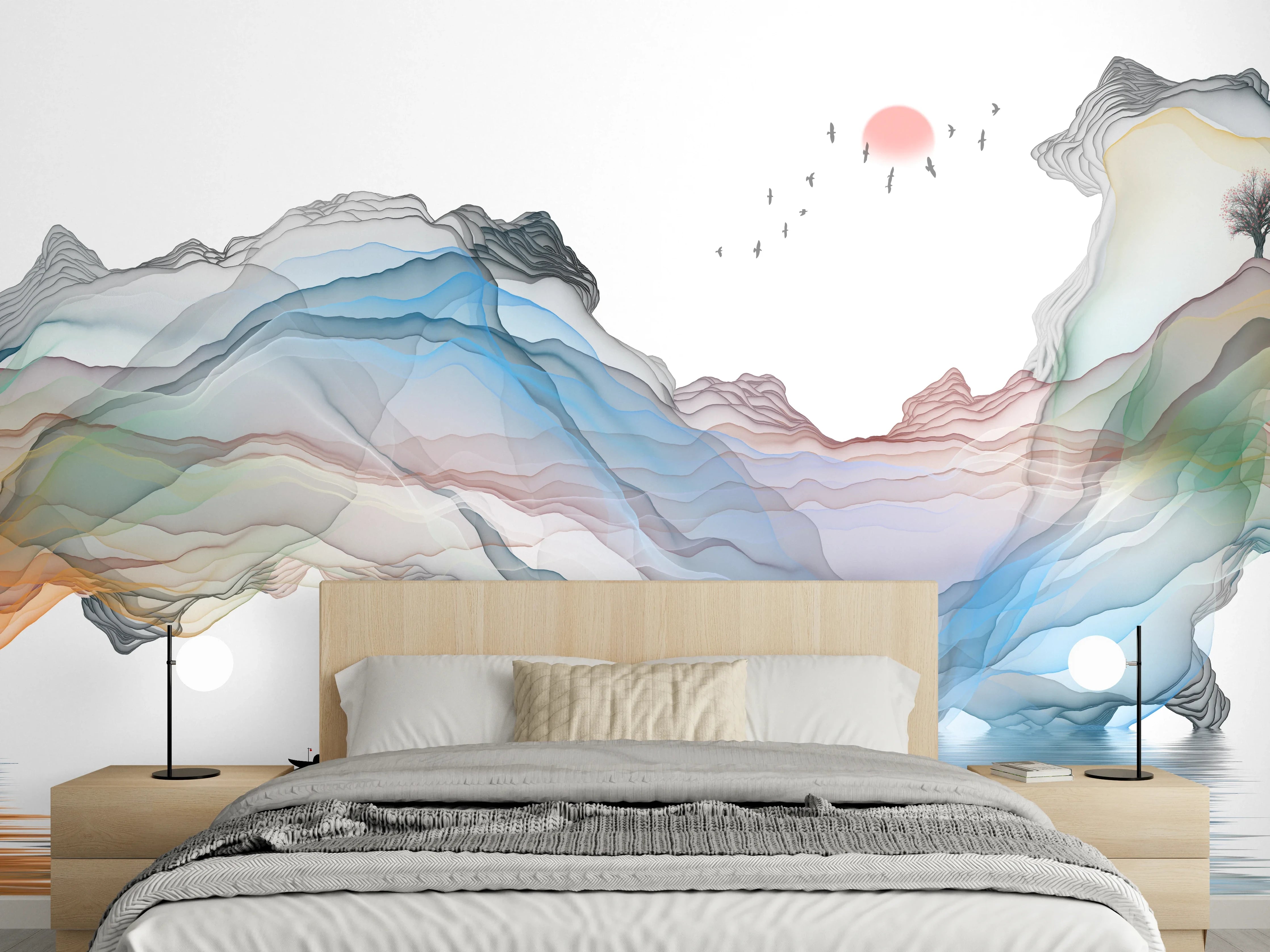 Wandverkleidung Schlafzimmer - Modernes Wasserfarben Gemälde Boot Vögel See
