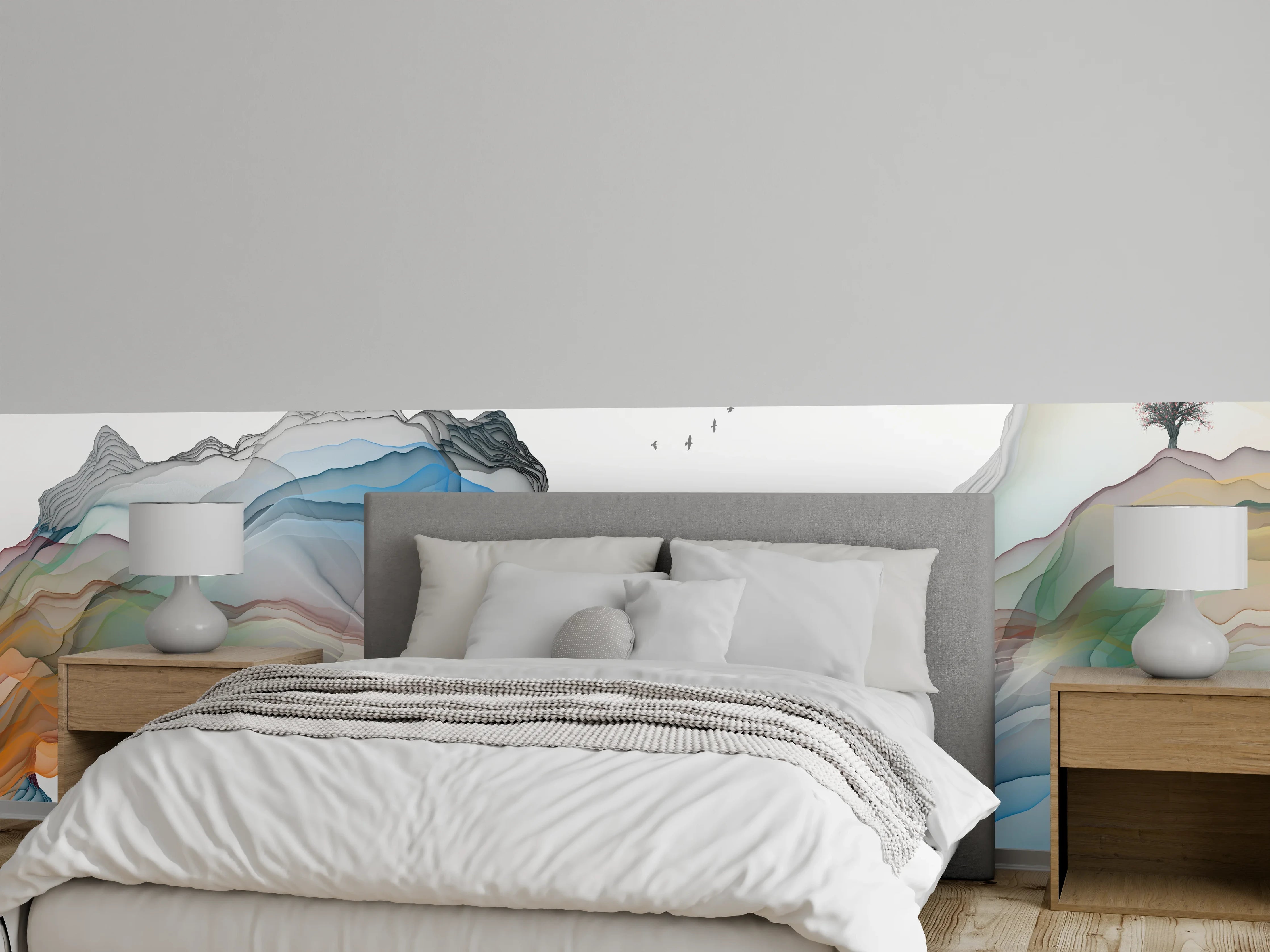 Wandverkleidung Schlafzimmer - Modernes Wasserfarben Gemälde Boot Vögel See