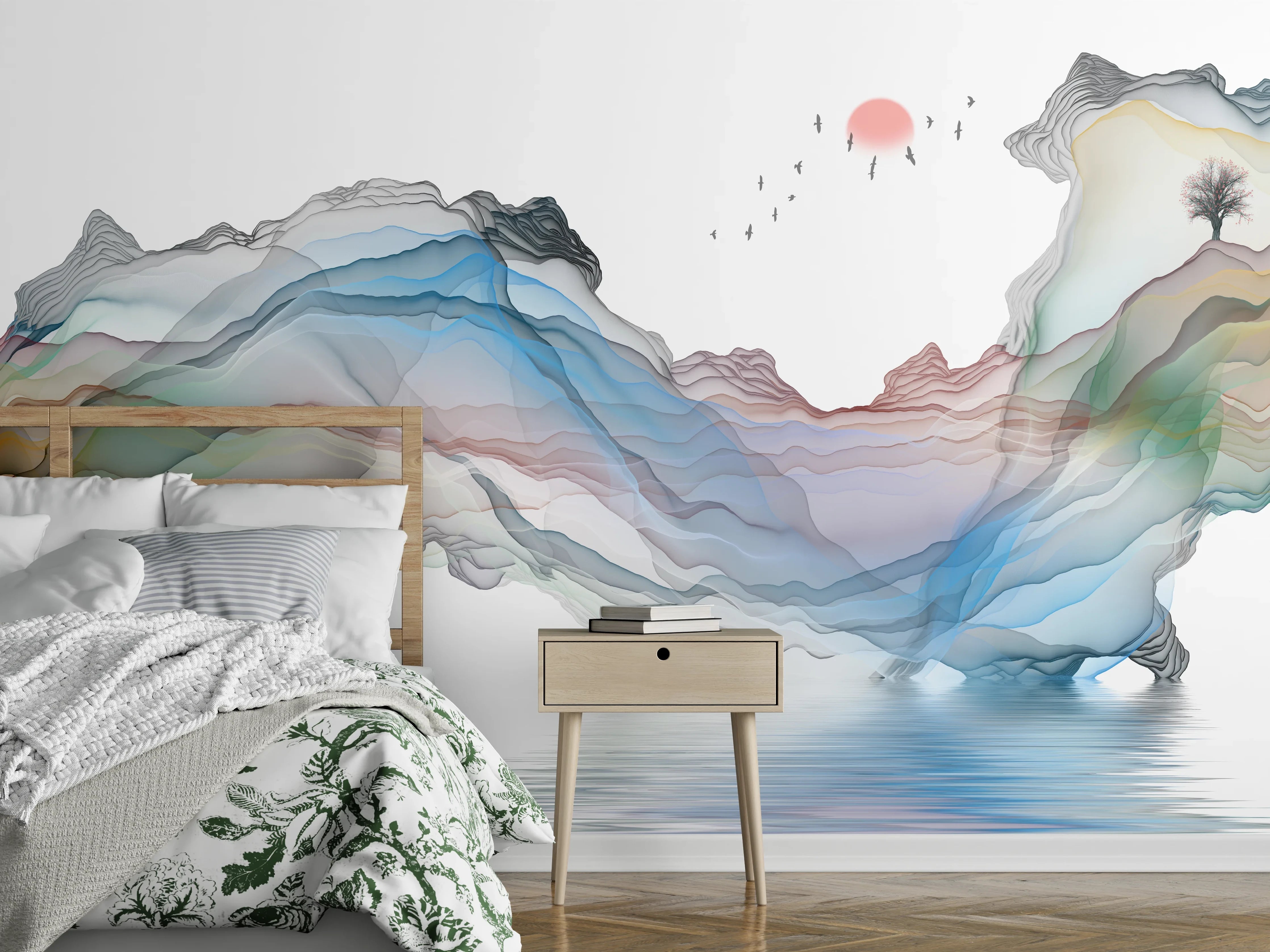 Wandverkleidung Schlafzimmer - Modernes Wasserfarben Gemälde Boot Vögel See