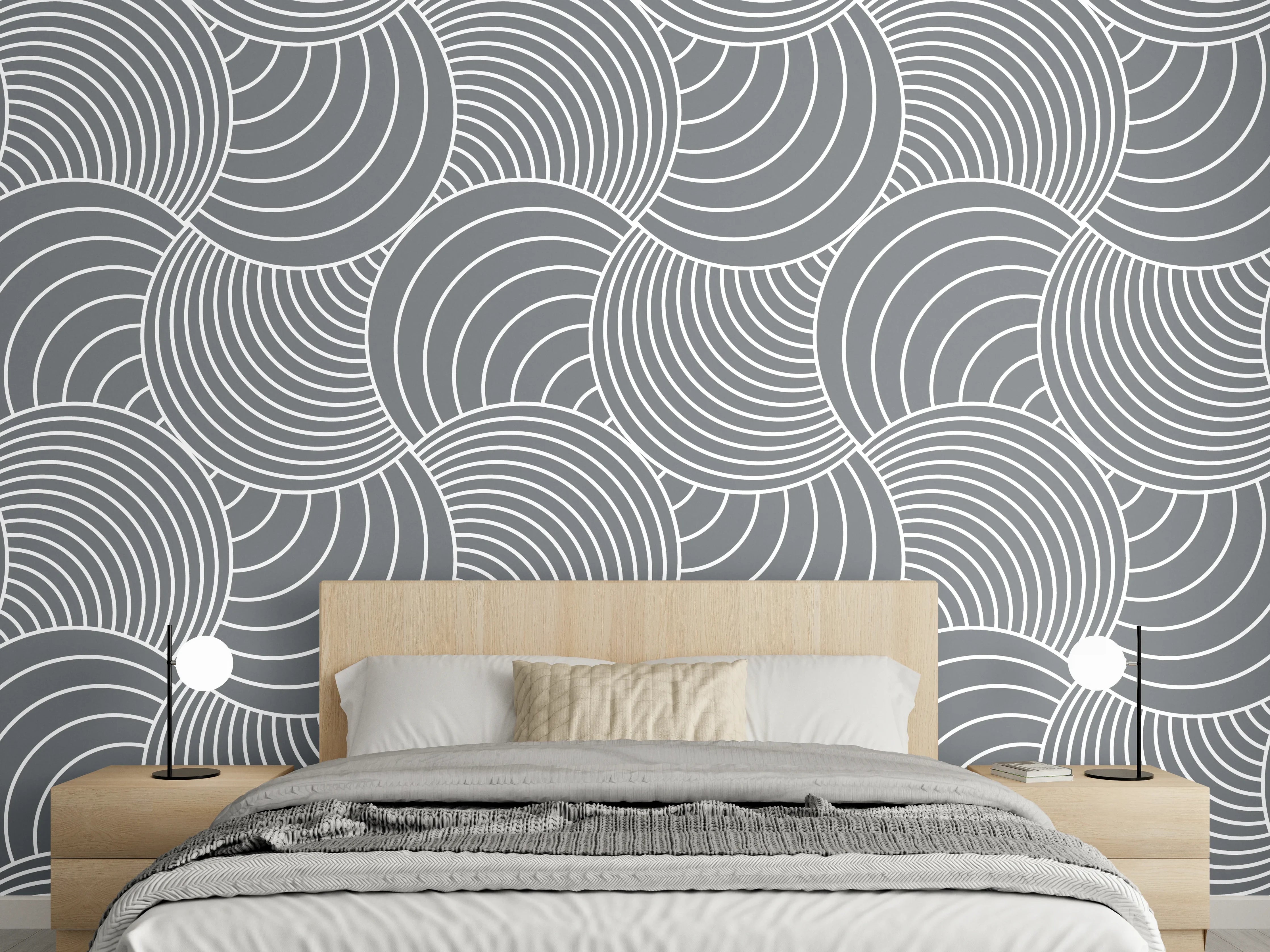 Wandverkleidung Schlafzimmer - Modernes Wellenmuster Grau-Weiß Tapete