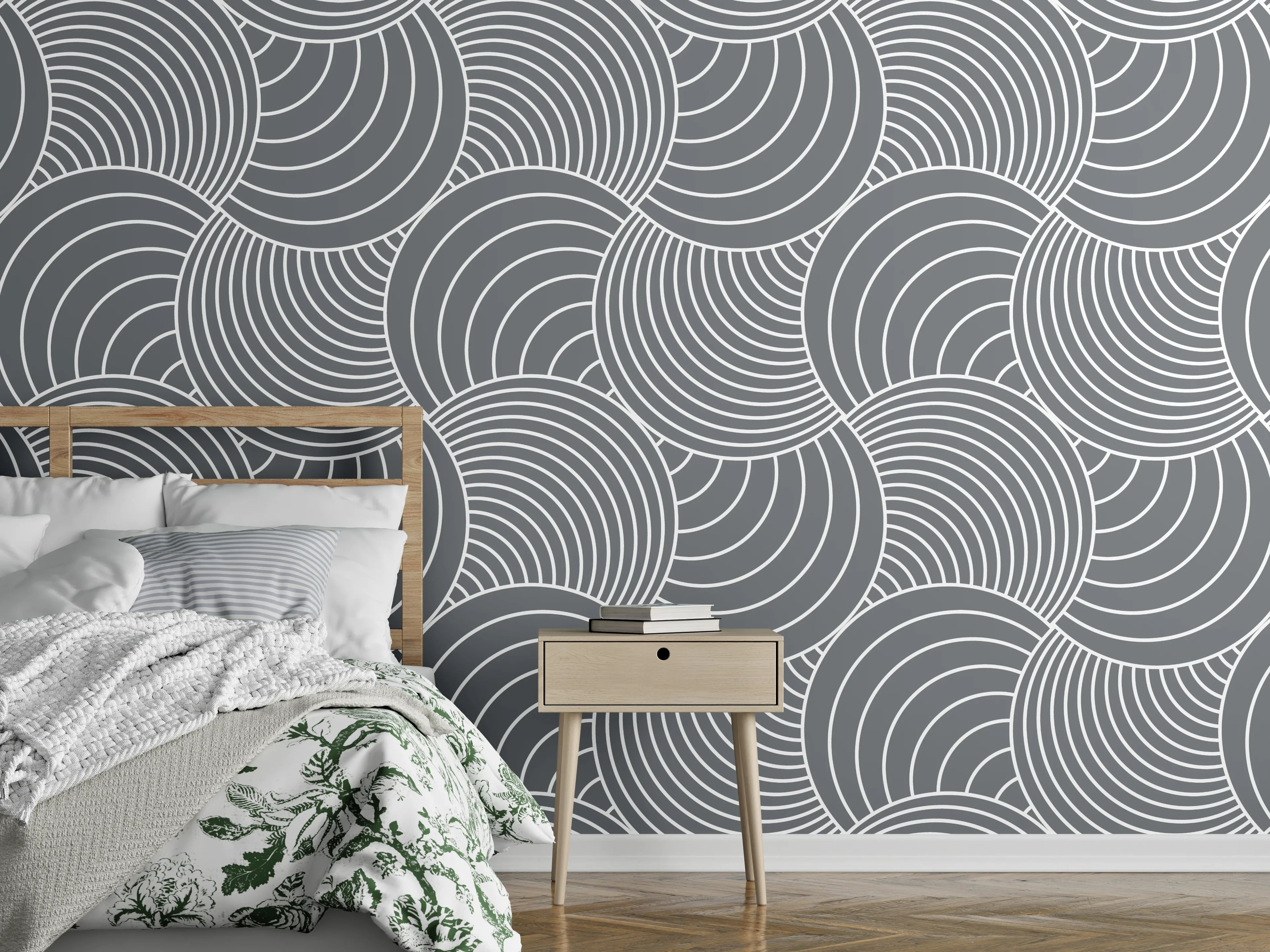 Wandverkleidung Schlafzimmer - Modernes Wellenmuster Grau-Weiß Tapete